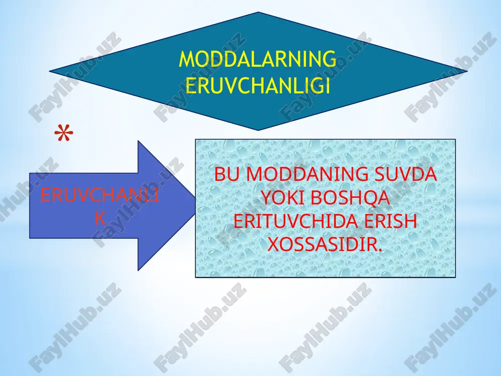 day eruvchanlik o’zgarmas bosimda temperatura ortishi bilan ortadi. lekin qattiq modda eriganida issiqlik ajralsa, bu moddaning eruvchanligi temperatura ortishi bilan kamayadi. eritma sovitilganda undan qancha tuz (qattiq modda) cho’kmaga tushishini eruvchanlik egri chiziqlari yordamida oson hisoblab topish mumkin. temperatura pasayganda eritmadan moddaning ajralib chiqishi kristallanish deyiladi. qattiq moddalarning eriuvchanlik egri chiziqlari. agar eritmada aralashmalar bor bo’lsa, kristallanishda doimo toza modda olinadi, chunki eritma hatto temperatura pasayganida ham aralashmalarga nisbatan to’yinmagan bo’ladi va ular cho’kmaga tushmaydi. moddalarni tozalashning qayta kristallga tushirish deyiladigan usuli ana shunga asoslangan. image1.jpeg image2.jpeg image3.jpeg image4.jpeg image5.jpeg image6.png image7.jpeg image8.wmf oleobject1.bin 160 140 120 100 80 60 40 20 0 20 40 60 80 100 n a cl òåìïåðàòóðà, ñ 0 /docprops/thumbnail.jpeg