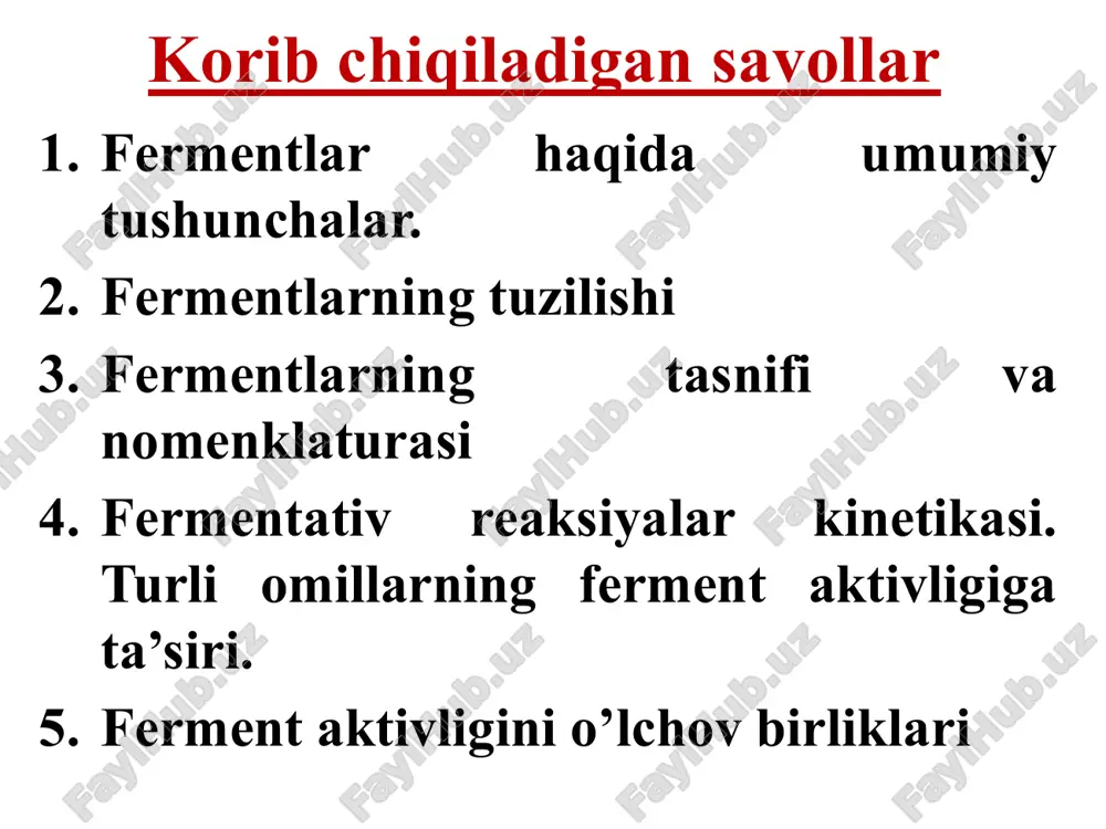 tezligi o’ta yuqori bo’lib mingdan million martagacha ko’proq tezlashtiradi. fermentlar yuqori spetsifiklikga ega. fermentativ reaksiya boshqariladi. fermentativ reaksiya tezligi ferment miqdoriga to’g’ri proporsional. fermentativ reaksiyalar tezligiga quyidagilar ta’sir etadi: reaksiyaga kirishayotgan moddalar tabiati (fermentlarning ta’siri substrat spetsifikligida namoyon bo’adi) substrat konsentratsiyasi ferment konsentratsiyasi temperatura o’zgarishi rn muhit o’zgarishi fermentlarning quidagi spetsifik turlari tafovut etiladi: absolyut spetsifiklik; absolyut-guruhli spetsifikligi (bir xil tipdagi tuziliga ega bolgan substratlar); nisbiy-guruhli maxsuslik (bir turdagi kimyoviy bog’ga ega bo’lganlar); steriokimyoviy spetsifiklik. fermentlarning maxsusigini ikkita gipoteza yordamida tushuntiriadi: fisherning «qulf-kalit» mexanizmi, bu gipotezaga muvofiq substrat ferment bilan huddi qulf kalitga mos kelgandek mos kelishi kerak: ferment-substrat kompeks es maxsulot aktiv markaz fermentativ reaksiya tezligining substrat konsentratsiyasiga [s] bog’liq egri chizig’i. substrat konsentratsiyasi reaksiya tezligi temperaturaning ta’siri temperatura v mkmol/min optimal temperatura maksimal katalitik aktivlik denaturatsiya aktivlanish energiyasi nofaol molekulani kimyoviy reaksiyaga kirishadigan faol holatga keltirish uchun kerak bo’ladigan qo’shimcha energiya aktivlanish energiyasi deb yuritiladi. aktivanish energiyasi qanchalik …