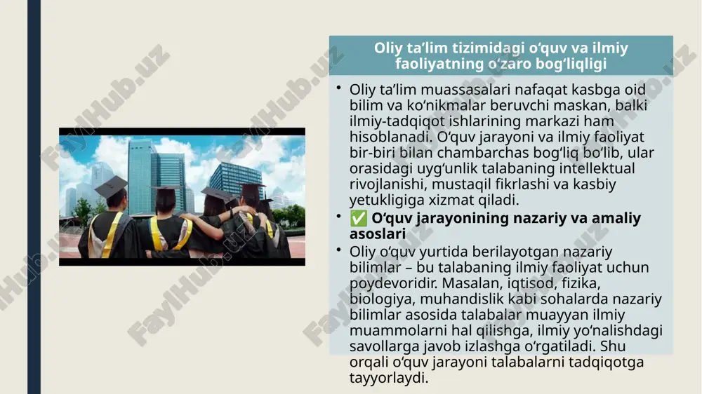 iy tajribalardan foydalanish. iqtisod va boshqaruv sohasida tahliliy platformalar (statistica, stata, spss) asosida ma’lumotlar ustida ishlash. ilmiy izlanish mohiyati va talabalar faoliyati ilmiy izlanish – bu yangi bilimlarni yaratish, mavjud muammolarga ilmiy asoslangan echimlar topish, nazariy g‘oyalarni amaliyotga tadbiq etish bilan bog‘liq murakkab jarayon. talabalar o‘qish davomida o‘z yo‘nalishlariga oid masalalarni mustaqil o‘rganib, ularga ilmiy asosda yechimlar taklif etishni o‘rganadilar. bu esa ularning tahliliy fikrlash qobiliyati, muammolarni ilg‘ash va hal etish, shuningdek, mustaqil qaror qabul qilish malakalarini shakllantiradi. talabalar ishtirokidagi ilmiy faoliyat shakllari oliy ta’lim tizimida talabalar quyidagi shakllarda ilmiy faoliyat olib boradilar: ilmiy maqola va tezislar yozish – talabalar o‘z izlanishlari asosida ilmiy maqolalar tayyorlaydi va universitet, respublika yoki xalqaro miqyosdagi konferensiyalarda taqdim etadilar. kurs ishlari va bitiruv malakaviy ishlari – bu ilmiy-tadqiqot ishlari talabalarning ilmiy salohiyatini aniqlash va mustahkamlashda muhim rol o‘ynaydi. ilmiy to‘garaklar va klublar – universitetlarda turli fan yo‘nalishlari bo‘yicha tashkil etilgan to‘garaklar doirasida talabalar ilmiy …