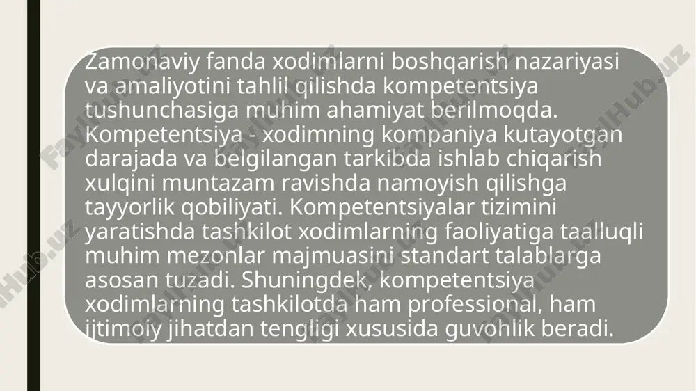 ‘rganish; - malakangizni oshiring yoki butunlay qayta tayyorlang; - vaziyatni va ularning imkoniyatlarini tezkor baholash; - qarorlar qabul qilish va ular uchun mas’uliyatni o‘z zimmasiga olish; - o‘zgaruvchan yashash va mehnat sharoitlariga moslashish; - ishlashning yangi usullarini ishlab chiqing yoki ularni optimallashtirish uchun eskilarini o‘zgartiring. o‘qituvchining kasbiy kompetensiyasi tushunchasining bir nechta ta’riflarini ko‘rib chiqaylik (bir nechta ta’riflar ko‘rgazmali taxtada joylashtirilgan, o‘qituvchi ularni hech qanday baho bermasdan o‘qiydi): 1. kompetensiya - bilim, qobiliyat, ko‘nikma, shuningdek, ularni faoliyatda, muloqotda, shaxsning rivojlanishida (o‘zini-o‘zi rivojlantirishda) amalga oshirish usullari va usullari. (mitina l.m.) 2. pedagogik faoliyat, pedagogik muloqot yetarli darajada yuqori saviyada amalga oshiriladigan, o‘qituvchi shaxsi ro‘yobga chiqadigan, maktab o‘quvchilariga ta’lim va tarbiya berishda yaxshi natijalarga erishiladigan o‘qituvchining ishi malakali hisoblanadi. shu bilan birga, o‘qituvchining malakasi, bir tomondan, uning kasbiy bilim va ko‘nikmalari, ikkinchi tomondan, kasbiy pozitsiyalari, psixologik fazilatlari nisbati bilan ham belgilanadi. (markova a.k.) kompetensiya shakllantirishda amal qilinadigan asosiy tamoyillar ta’lim jarayonining samarali tashkil …