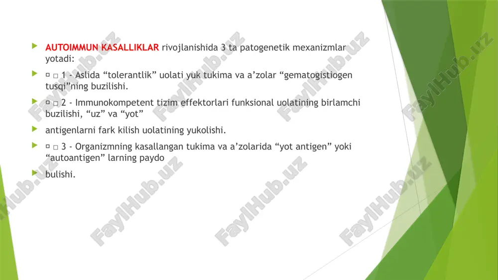, etanersept), cd40 retseptorlari blokatorlari : rituksimab (mabthera), t-limfotsitlar differentsiatsiyasi blokatorlari (halofuginon) kabi vositalar qoʻllanadi. 1970-yillarda aqsh milliy grippga qarshi emlash dasturi faol boʻlmagan tizimli qizil yuguruk bilan kasallangan bemorlarda mono va bivalent vaktsinalarning samaradorligi va xavfsizligini tasdiqladilar. revmatoid artriti bilan ogʻrigan bemorlar shunga oʻxshash tadqiqotlari keyinchalik yaponiya, aqsh[11], shvetsiya kabi davlatlarida oʻtkazildi. shuningdek, autoimmun kasalliklarning chastotasini oshiradimi yoki yoʻqmi, emlash rejimlarining koʻpayishi va turli yoshdagi emlashlar bunga qanday taʼsir qilishi hali ham munozarali autoimmun kasalliklarning belgilari autoimmun kasalliklar keng doiradagi simptomlarni keltirib chiqarishi mumkin va kasallikning turiga qarab o’ziga xos belgilar farq qilishi mumkin. ammo, umuman olganda, autoimmun kasalliklarning umumiy belgilari quydagilar: charchoq: autoimmun kasalliklar ko’pincha odamni doimo charchagan his qilishi mumkin. og’riq va shish: bo’g’imlardagi og’riqlar, mushak og’rig’i va umumiy tana og’rig’i tez-tez paydo bo’lishi mumkin. yallig’lanish: tananing turli qismlarida yallig’lanish, qizarish va shishish kuzatilishi mumkin. isitma: autoimmun kasalliklar ko’pincha isitmaga olib kelishi mumkin. teri muammolari: toshmalar, quruqlik …