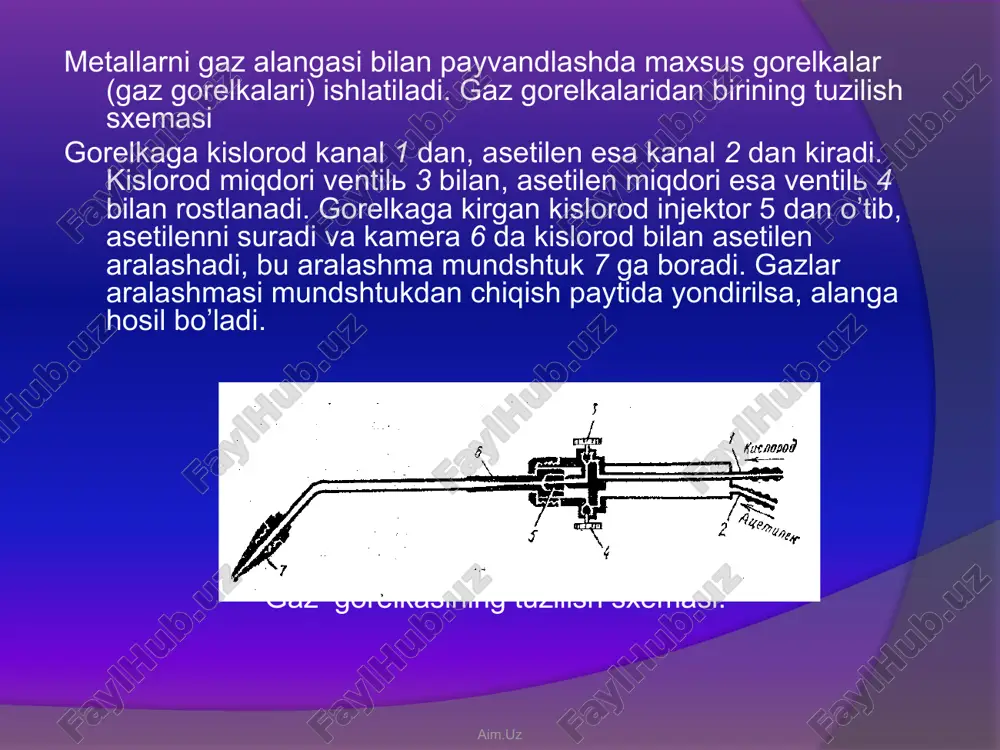 di. asetilen—kislorod ara­lashmasi uchun zarur bilgan kislorod miqdori ventil 3 bilan asetilen mikdori esa ventil 4 bilan rostlanadi. ventil 7 kesuvchi kislorod miqdorini rostlash uchun xizmat qiladi. keskichning tuzilish sxemasi. yonuvchi aralashma hosil qiladigan asetilen bilan kislorod injektor 5 orqali o’tib, kamera 6 da aralashadi. hosil bo’l­gan yonuvchi aralashma mundshtuk 8 ning 9 raqami bilan ko’r­satilgan teshigidan, kesuvchi kislorod esa 10 raqami bilan ko’rsatilgan teshigidan chiqadi. metallarni qirqishda keskichning mundshtugi kesilishi kerak bo’lgan yuzadan 3—:6 mm oraliqda va yuzaga tik vaziyatda tutiladi. keskichni surish tezligi metallning qalinligiga bog’liq metall kanchalik qalin bo’lsa, keskich shunchalik sekin suriladi. kislorod bilan qirqish usuli qalinligi 2 metr gacha bo’lgan po’latni kesishga imkon beradi. aim.uz nazorat uchun savollari gaz yordamida payvandlash va kislorod bilan qirqishda qanday uskuna va materiallar kerak biladi? termit bilan payvandlashning mohiyati nima? gaz yordamida presslab payvandlashning mohiyati nima? aim.uz image1.jpeg image2.jpeg /docprops/thumbnail.wmf