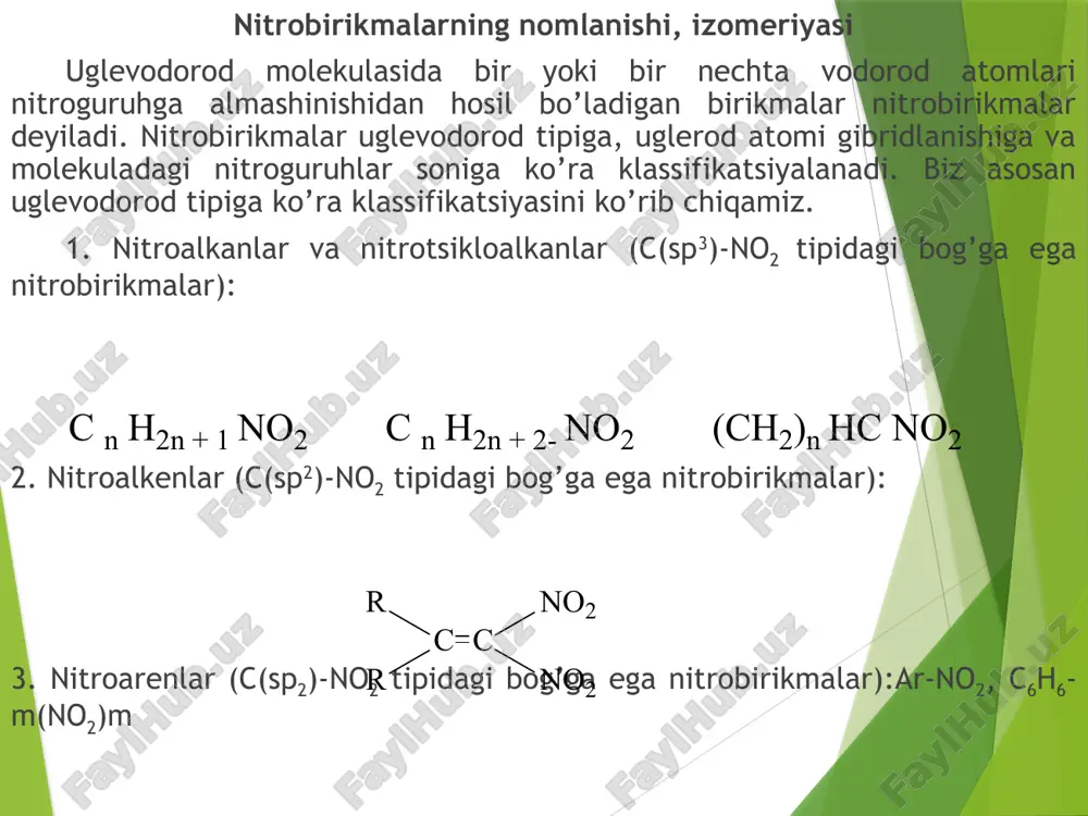 glerod atomiga elektrofil o’rin olish reaksiyasi hisoblanadi. nitrolash reaksiyasida nitrolovchi agent sifatida nitroniy kationi no2q xizmat qiladi. nitroniy kationi hamisha qandaydir anion y- bilan bog’langan bo’ladi.anion tabiatiga bog’liq ravishda kam yoki ko’p qutbli n-y bog’ hosil bo’ladi vanitrolovchi agent aktivligi o’zgaradi. nitroniyni eng aktiv tuzlariga bf4-, sbf6-, pf6- anionli tuzlari kiradi va ularda erkin nitroniy kationi mavjud bo’ladi. bu [no2]+bf4- kristallarini rentgenostruktur analizi bilan isbotlangan. no2q kationi chizi?li tuzilishga ega. nitrat va sulfat kislota aralashmasida va oz miqdorda kontsentrlangan nitrat kislotada nitroniy tuzlari nitrat kislotani protonlanishidan hosil bo’ladi. amalda protonlashgan nitrat kislota va nitroniy gidrosulfatni murakkab aralashmasi hosil bo’ladi. nitroniy gidrosulfat odatda ion shaklida ifodalanadi. ushbu birikma kuchli qutblangan kovalent bog’ga ega bo’ladi. reaksion muhitda suv qancha kam bo’lsa, reagent shunchalik faol bo’ladi. shuning uchun 100% li nitrat kislota yoki uni kontsentrlangan sulfat kislota bilan aralashmasi juda yaxshi nitrolovchi reagentlar hisoblanadi. arenlarni nitrolashni birinchi mahsuloti mononitroaren hisoblanadi. yuqori haroratlarda va …