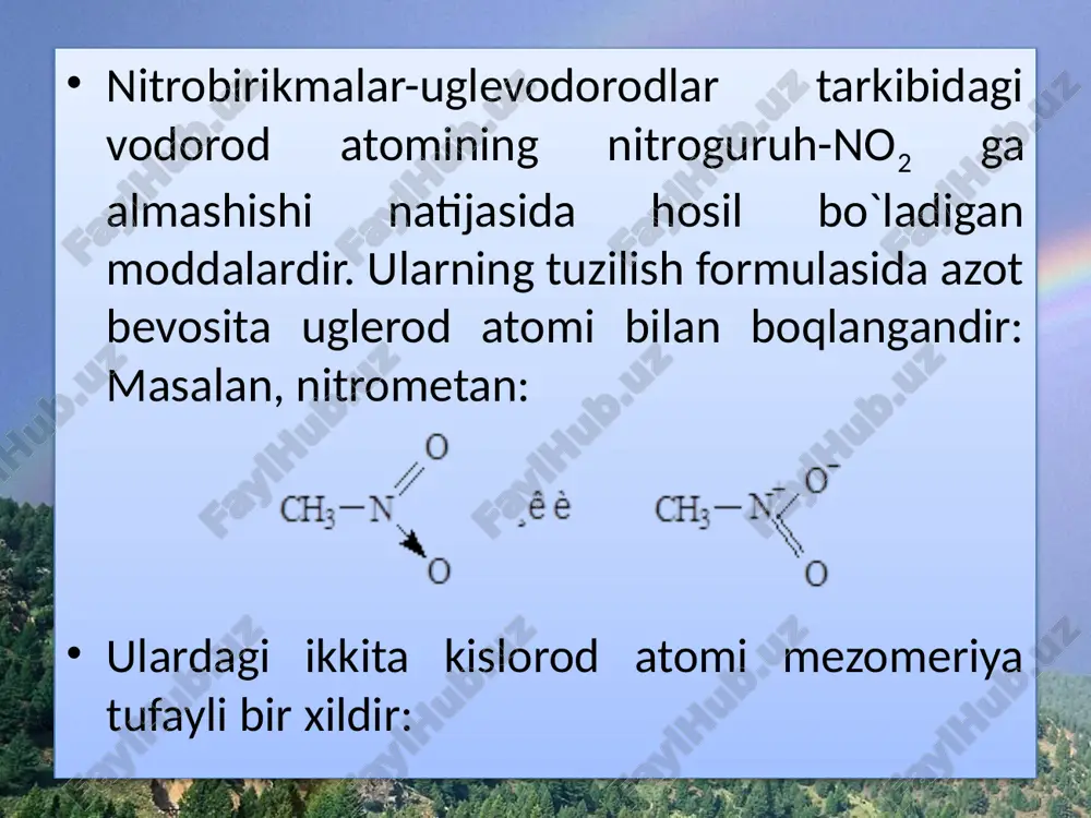 reaksiyasiga kirishadi. bunda ham  -uglerod atomida almashinish ketadi. reaksiya ikki yo`nalishda ketishi mumkin: aim.uz nitrobirikmalar qutbli moddalar bo`lgani uchun ular suyuq yoki qattiq holda bo`ladi. ular sariq rangli zaharli moddalardir. molekulyar massasi ortib borishi bilan ularning qaynash harorati ortib boradi. masalan, nitrometan, nitroetan va 1- nitropropan qatorida ularning qaynash haroratlari mos ravishda 101,20c, 114,10c va 131,20c larni tashkil etadi. nitrometanning kislotali xossasi fenolga yaqin. dinitrometan va ayniqsa, trinitrometan (nitroform) kuchli kislotadir. uchta nitroguruh ta'siri ostida vodorod juda kuchli protonlashadi: aim.uz nitrometan polimer moddalarning erituvchisi va raketa yoqilg`isi sifatida ishlatiladi. nitrotsiklogeksan-kaprolaktam olishda ishlati-ladi. trixlornitrometan (xlorpikrin) qishloq xo`-jalik zararkunandalariga qarshi kurashda va dezinfeksiyalovchi vosita sifatida ishlatiladi. nitrobirikmalar portlovchi va zaharli moddalar olishda ishlatiladi. aim.uz e’tiboringiz uchun raxmat! aim.uz image1.jpeg image2.png image3.png image4.png image5.png image6.jpeg image7.jpeg image8.png image9.png image10.png image11.png image12.png image13.png image14.png image15.png image16.png image17.png image18.png image19.png 78367196 /docprops/thumbnail.jpeg