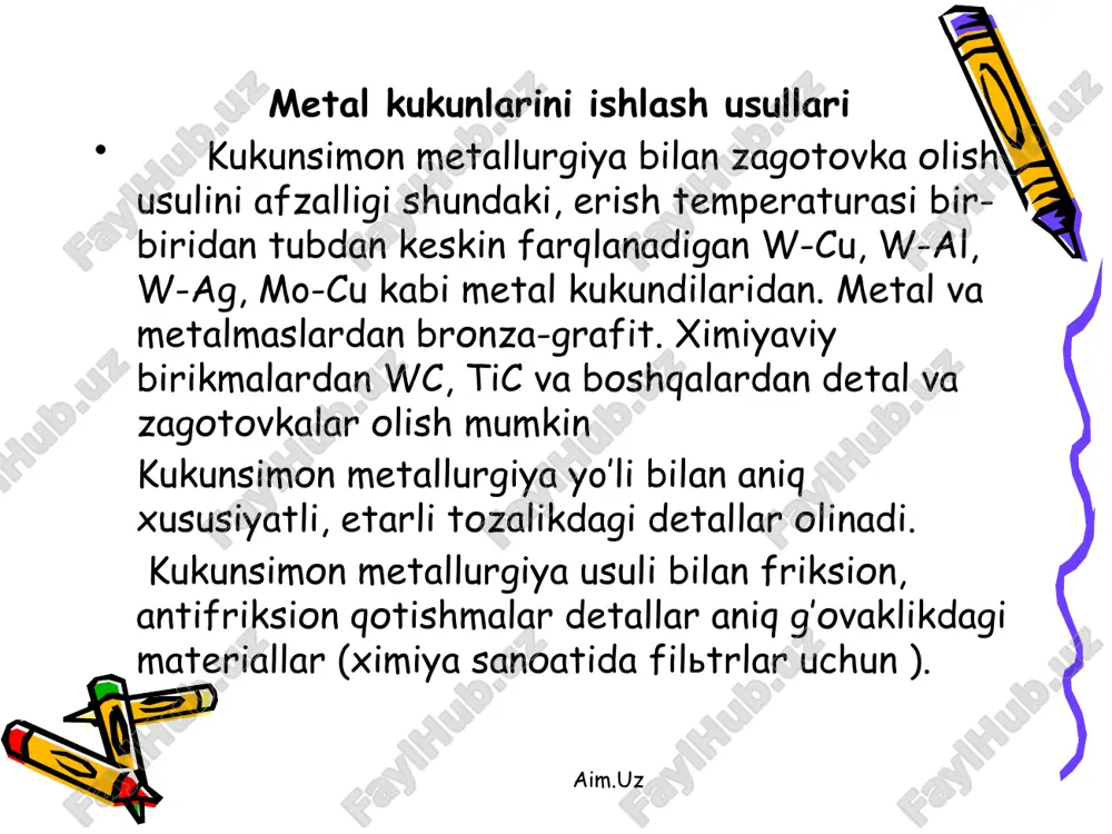 a, 4. puason aim.uz sovuq holda presslash quyidagicha bajariladi. po’lat matrisani-pressformani tagligiga o’rnatilib, belgilangan miqdordagi shixtani solinib puason yordamida presslanadi. ikki tomonlama presslash. aim.uz gidrostatik presslash. bu usul bilan yuqori aniqligi talab etilmaydigan zagotovkalar olishda ko’llaniladi. presslashni mohiyati shundan iboratki, elastik rezinkaga yoki metal kobikka joylashtiriladigan metal kukuni, maxsus germetik kabinaga joylashtirilib har tomondan bir xil bosim bilan qisiladi-siqiladi. suyuqlikni bosimi 3000 mpa. gidrostatik presslashda qimmatbaxo qurilmalarni zaruriyati bo’lmaydi. gidrostatik presslash 1-germetik kamera, 2-suyuqlik, 3-qobik, 4-kukun aim.uz ekstruderlash- zagotovkani shakllash jarayoni bo’lib, bunda shixtani matrisani teshigidan itarib utkaziladi. bu usulda poroshok shixtasi plastifika (parafin, vosk) aralashtiriladi. ularning mikdori shixtani og’irligini 10-12 % ni tashkil etadi. presslash natijasida simlar, har xil kesimli profillar olinadi. ichi bush zagotovka olish uchun matrisaga yoki puasonga opravkalar urnatiladi. ekstruderlash prosessining sxemasi. aim.uz yoyish. ish unumi katta va kelajagi porlok bo’lgan usulbo’lib,bunda turli-tuman zagotovkalar olish mumkin. prokatkalashda kukun shixta gorizantal o’q buyicha aylanuvchi juvalar orasidan ezilib …