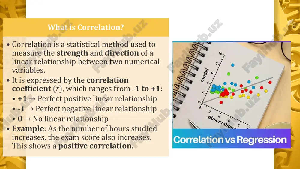 udy time leads to higher scores. • interpretation of correlation coefficient: • assume the correlation coefficient is r = 0.93 ➡ this means a very strong positive correlation. here is the graph showing the correlation and regression between hours studied and exam scores: •🔵 blue dots: actual data points •🔴 red dashed line: regression line based on the equation y = 6.5x + 45