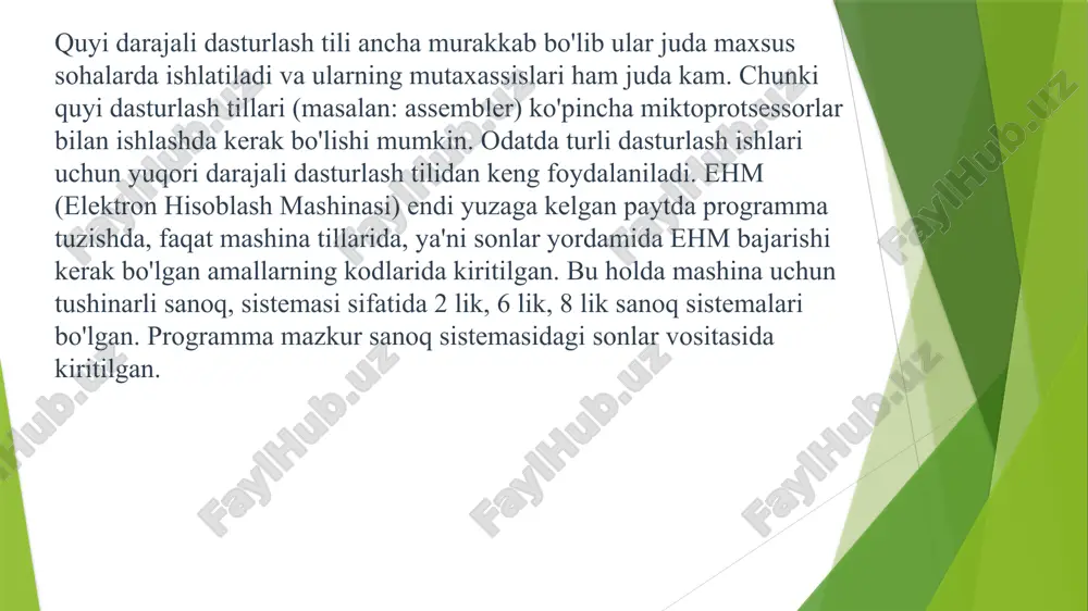 akllangandan so‘ng, asta-sekin inson o‘z fikrini ifoda eta boshlaydi. dasturlash tillari bilan ham holat xuddi shunday. biror dasturlash tilida amaliy foyda keltiradigan dastur yozishni boshlash uchun ma’lum bilimlar majmuini egallash kerak, shundan so‘nggina dasturlashni boshlash mumkin. boshqa dasturlash tillaridan farqli ravishda, python da amaliy ahamiyatga ega dasturlarni ishlab chiqishga ancha ertaroq, hali tilning katta qismini o‘rganmasdan turib ham kirishish mumkin. 3. python interpretatsiya qilinadigan dasturiy til. dasturlash tillarini interpretatsiya qilinadigan va kompilyatsiya qilinadigan dasturlash tillariga bo‘lishadi. aniqroq aytganda, agar dasturlash tilidagi dasturni bajarish interpretatsiya orqali amalga oshirilsa, bunday tillar interpretatsiya qilanadigan til deyiladi. agar dasturlash tilidagi dasturni bajarish uchun uni avval mashina tiliga o‘tkazish talab qilinsa, bunday tillar kompilyatsiya qilinadigan tillar deyiladi. aslini olganda, kompyuter uchun yozilgan har qanday dastur interpretatsiya qilinadi. chunki mashina kodlaridagi dastur kompyuterning miyasi bo‘lgan protsessor tomonidan interpretatsiya qilinadi. interpretatsiya qilinadigan tillarda yozilgan dasturlar uchun maxsus – interpretator dastur mavjud. bu interpretator dastur kodlarini bajarilishini ta’minlab …