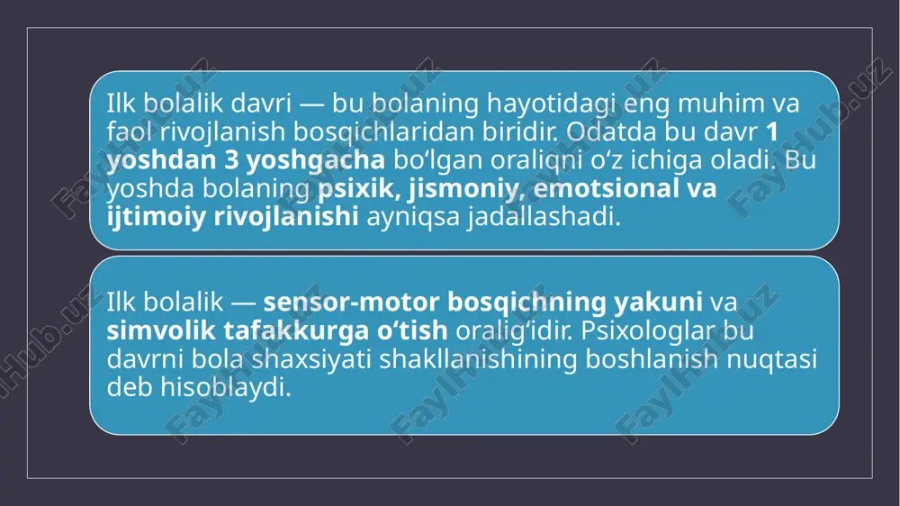 . shaxsiy va ijtimoiy rivojlanish xususiyatlari ilk bolalik davrida (taxminan 1 yoshdan 3 yoshgacha) bola nafaqat jismoniy va psixik jihatdan, balki shaxsiy va ijtimoiy jihatdan ham rivojlanadi. bu davrda u o‘zining “men”ligini anglay boshlaydi, o‘zini mustaqil shaxs sifatida his qilishi kuchayadi va atrofdagilar bilan munosabat qurishni o‘rganadi. 🔹 “men” konsepsiyasining shakllanishi (o‘zlikni anglash) bola taxminan 1,5–2 yoshdan boshlab o‘zini mustaqil shaxs sifatida anglay boshlaydi. o‘z ismini taniydi va o‘zini ko‘zguda taniydi. “o‘zim qilaman”, “o‘zim bilaman” kabi ifodalar orqali o‘z mustaqilligini namoyon etadi. bu bosqichda egosentrizm (faqat o‘z nuqtayi nazarini inobatga olish) kuchli bo‘ladi. bola boshqalarning hissiyotlari yoki qarashlarini hali tushunmaydi. misol: bola o‘yinchoqni boshqalar bilan ulashishni xohlamaydi, chunki u uni o‘zining mulki deb hisoblaydi. ijtimoiy munosabatlarning shakllanishi bola ota-ona va yaqin kattalar bilan munosabatga kirishadi, ularga taqlid qiladi. bu davrda ijtimoiy rollar shakllanadi (masalan, “ona”, “bola” o‘yinlarida). 2,5–3 yosh atrofida bola boshqa bolalar bilan o‘ynashni boshlaydi, lekin ko‘proq yolg‘iz yoki …