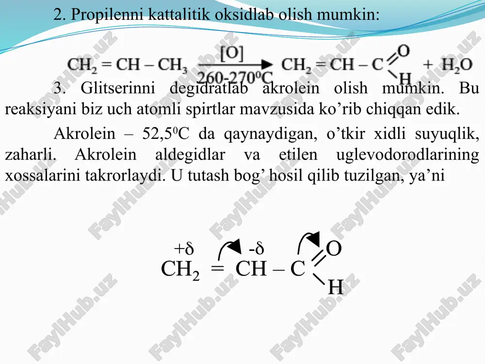 ligiga kirisha oladilar. ular kumush oksidi, vodorod, gidrazin, gidroksilamin, natriy bisulfit, sianid kislota va boshqalar bilan yog’ qator aldegidlari kabi reaksiyalarga kirisha oladilar. shuning bilan birga, ular uchun yog’ qator aldegidlaridan farq qiladigan hususiyatlar ham mavjuddir. quyida biz aromatik aldegidlarni yog’ qator aldegidlaridan farq qiladigan xossalari ustida to’xtalib o’tamiz. 1. oksidlanishi. aromatik aldegidlar saqlanganda havo kislorodi bilan juda oson oksidlanib tegishli kislotalarni hosil qiladilar. oksidlanish katalizatorlar ishtirokida tezlashadi. jarayon radikal zanjirli mexanizm orqali sodir bo’lib, oraliq modda sifatida gidroperoksidlar hosil bo’ladi. oraliq modda sifatida hosil bo’ladigan gidroperoksidlarni oson aniqlash mumkin. reaksiya quyidagi bosqichlar orqali boradi. oksidlanish juda oz miqdordagi ingibitorlar ta’sirida to’xtaydi. benzaldegidga 0,001% gidroxinon qo’shilsa u oksidlanmaydi. bu reaksiyani radikal zanjirli mexanizm bilan borishini isbotlaydi. 2. ammiakning birikishi. yog’ qator aldegidlaridan faqli ammiak bilan 3:2 nisbatda birikadi. benzoy aldegidi ammiak bilan gidrobenzamid hosil qiladi. gidrobenzamid qizdirilganda amaringa aylanadi: 3. aromatik aldegidlar yog’ qator aldegidlariga qaraganda qiyin polimerlanadilar. 4. aromatik …