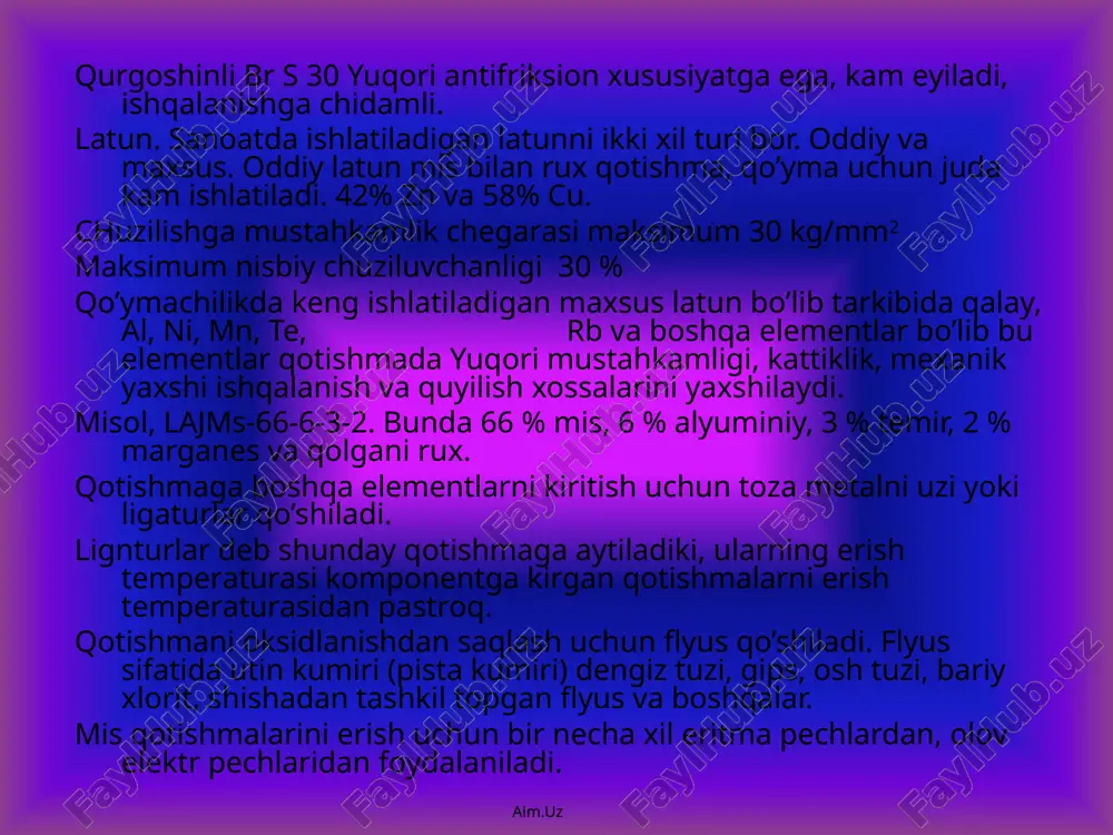 hisoblanadi. magniyni ba’zi qotishmalarida be, ca, ti, v va boshqalarni qushilib mexanik xosalarini yaxshilash mumkin. eng yuqori mexanik xosga ega bo’lgan magniyli al qotishmasidir. al ni 8-10.5% qo’shimchasi qotishmani chuzilishga mustahkamligini , qayishqoqligini kamaytiradi, ammo qattikligi oshadi. aim.uz mg-al qotishmalarini mexanik xossalarini oshirish maqsadida uni termik ishlash mumkin. rux qotishmani mexanik xossasini yaxshilaydi, qotishma uchun % mikdori 0.23.5 % gacha magniy qotishmasining tarkibida sanoatda ishlatiladigan magniy qotishmalari markasi ml 4, ml 5, ml 6. magniy qotishmalaridan dvigatel detallari, asboblar, fotoapparat detallari, mashina korpuslari qilinadi. magniy qotishmalarini olish uchun metal shixta sifatida texnik magniy, quyish sexi chiqindilari va ligaturlar. flyus tarkibi-35 % ksl, 50%-mgcl, 10% mgf2, 5% naf va v2o5 magniy qotishmalarini eritish uchun tigelg’, gaz-neftg’-elektrik gornlarda va elektr pechlari ishlatiladi. elektr tigellarini ish hajmi 50-90 kg. aim.uz nazorat uchun savollar. rangli metall qo’ymalarini xususiyatlari. quymakorlik alyuminiy qotishmalari. mis qotishmalari. magniy qo’ymalar ishlab chiqarish. aim.uz /docprops/thumbnail.jpeg