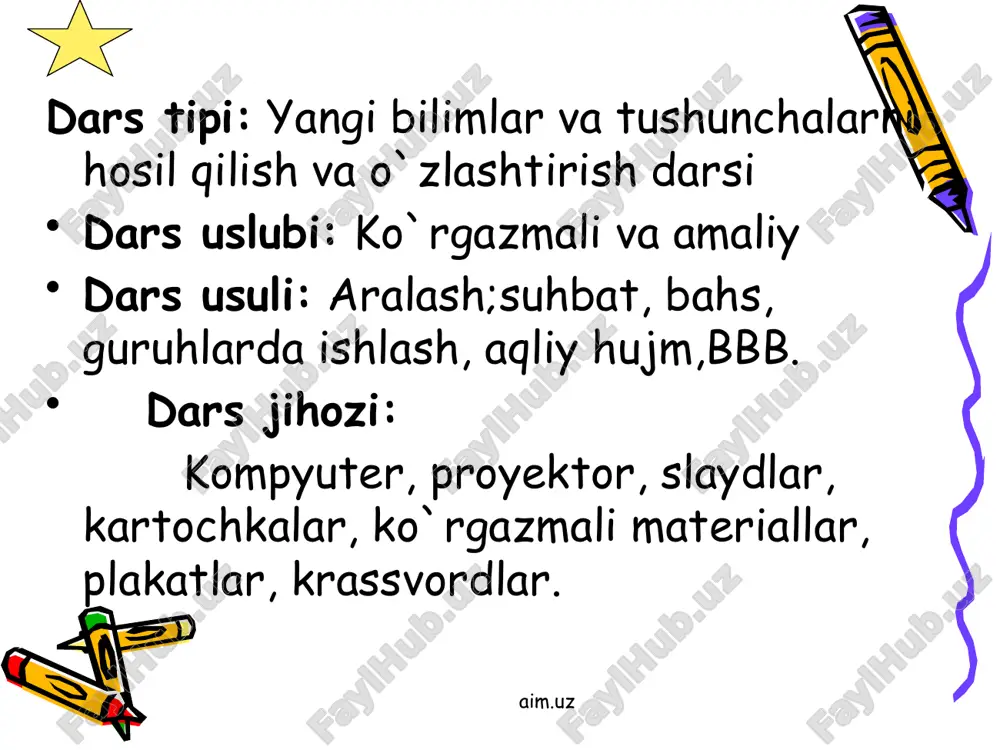 v o'zining maksimal zichligiga ega boiadi va bu 1 kg/m3 ni yoki 1 glml ni tashkil etadi. suvning yana bir xossasi uning yuqori issiqlik sig'imiga (4,18 j/k(g) egaligi (solishtirish uchun qum — 0,79; ohaktosh — 0,88; osh tuzi — 0,88; glitserin — 2,43; etil spirti — 2,85). shuning uchun suvning tungi vaqtlarda yoki yozdan qishki mavsumga o'tishda sekin sovushi; kunduzi yoki qishdan yozgi mavsumga o'tishda sekin isishi kuzatiladi.suv 0°c da muzlaydi (shu haroratda muz eriy boshlaydi), 100°c da qaynaydi va bug' holatiga o'tadi. suvning fizik xossalari aim.uz xossalari h2o d2o molekulyar massasi 18 20 zichligi g/sm3 0.9968 1.1042 muzlash temperaturasi 0 3.81 qaynash temperaturasi 100 101.43 aim.uz suvning kimyoviy xossalari suv molekulalari qizdirishga juda chidamli, lekin 1000°c dan yuqori haroratda suv bug'lari vodorod va kislorodga parchalana boshlaydi: 2h2o = 2h2 + o2. faol metallar suv bilan ta'sirlashib, uning tarkibidagi vodorodni ajratib chiqaradi: 2na + 2h2o = 2naoh + h2. suvning …