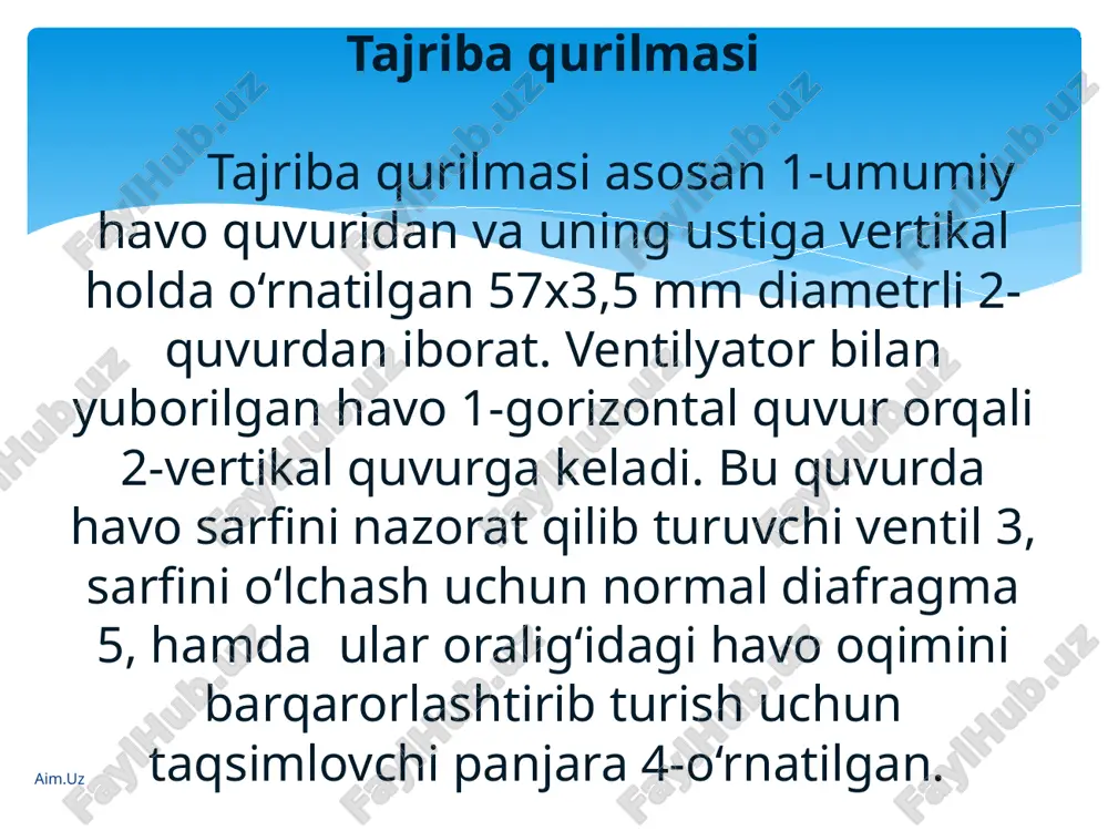 daniga gaz tezligi olinadi. ishni bajarish davomida 7-diafragma disklari o‘qituvchining topshirig‘i bilan almashtiriladi. bunda uni to‘g‘ri o‘rnatishga e'tibor berish kerak. aim.uz tajriba natijalarini umumlashtirish va hisobot tuish diafragmaning sarf koeffitsienti qo‘yidagi tenglamadan topiladi: a= aim.uz 11 bu tenglamada hajmiy sarf qo‘yidagicha topiladi: vx s bu erda – havoning kuvur ichidagi tezligi, m/s (6-difmanometrning ko‘rsatishiga qarab jadvaldan olinadi.) s-quvurning ko‘ndalang kesim yuzi, m2. tajriba natijalarini umumlashtirishda quvur devorining g‘adir-budirligini hisobga olish uchun kiritilgan. k koeffitsientni birga teng deb olish mumkin. aim.uz image2.wmf oleobject1.bin image3.jpeg image4.wmf oleobject2.bin g g r z g g r z 2 2 2 2 2 2 2 1 1 1 w r w r + + = + + r r r - m t x g n s v 2 k /docprops/thumbnail.jpeg