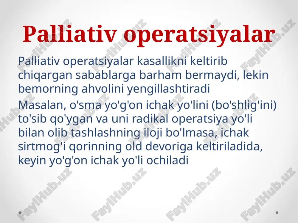 siya faqat maxsus jihozlangan operatsiya zalida yoki bog'lov xonasida o'lkaziladi. xirurgik operatsiyani operatsiya qiluvchi xirurg, assistent xirurglar, operatsiya hamshirasi, sanitarkalar va narkoz ishlatiladigan hollarda vrach-anesteziolog hamda anestezist hamshiralar amalga oshiradilar. terini tikish bosqichlari operatsiyadan keyingi davr 1) dastlabki faza - operatsiyadan keyingi dasllabki 3-5 kunni o'z ichiga oladi; 2) kechki faza - operatsiyadan keyingi 2-3 haftadan iborat, ko'pincha u bemor kasalxonadan chiqib ketguncha davom etadi; 3) olis faza - ish qobiliyati tiklanguncha (yoki boshqa natija aniqlanguncha) davom etadi. e’tiboringiz uchun raxmat image3.jpeg image4.jpeg image5.jpeg image6.jpeg image7.jpeg image8.jpeg image9.jpeg image10.jpeg image11.jpeg image2.jpeg /docprops/thumbnail.jpeg