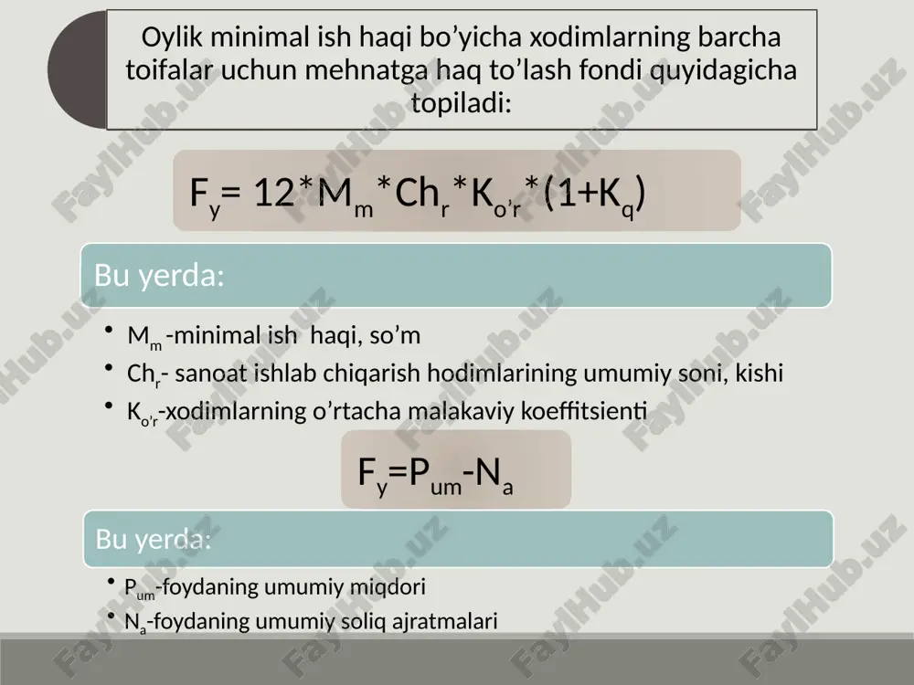 jalashtirilgan vaqt yo'qotishlari foizi. oylik (yillik) yoki umumiy rejalashtirilgan ish haqi kunlik ish haqi fondidan hamda navbatdagi mehnat ta’tiliga hamda ishdan bo‘shagan holda davlat ishlarini bajarishga ketgan kunlar uchun qo‘shimcha to‘lovlardan iborat bo‘ladi, xususan: ixfoy=ixfk+qt+qdi oylik ish haqi fondiga qo'shimcha to'lovlar qiymati ham ikki usulda hisoblanadi. 1-usulda navbatdagi ta’til uchun to‘lovlar o‘rtacha kunlik ish haqini (〖𝐼𝑋〗_(𝑜^′ 𝑟.𝑘)) barcha xodimlarning ta’til kunlarining umumiy soniga (tt) ko‘paytirish yo‘li bilan hisoblanadi. qt=ixfo’r.k*tt o'rtacha kunlik ish haqi kunlik ish haqi fondini (ixfk) yildagi ish kunlari soniga va ish haqi fondidagi xodimlarning o'rtacha soniga bo'lish yo'li bilan aniqlanadi: 〖𝐼𝑋〗_(𝑜^′ 𝑟.𝑘)=〖𝐼𝑋𝐹〗_𝑘/(𝑇_𝑖𝑘∗𝐼_𝑠𝑜′𝑟 ) image1.png image4.png /docprops/thumbnail.jpeg