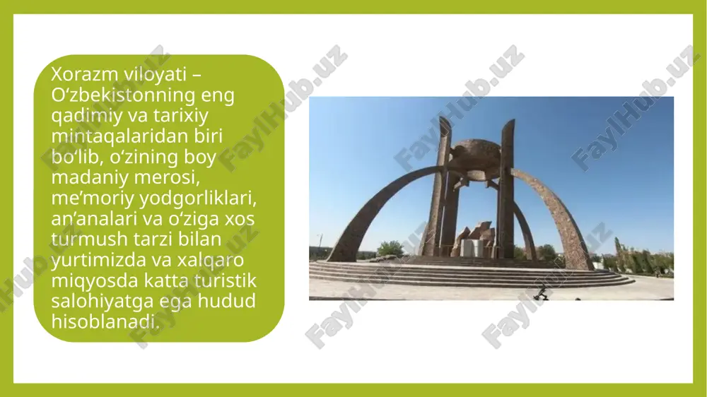 g yahmdagi o‘rni: o‘zbekiston iqtisodiyotida xizmatlar sohasi yahmning 35–40% ini tashkil etadi. xorazm viloyatida esa bu ko‘rsatkich 30% dan ortiq, shundan turizmga oid xizmatlar ulushi 3–5% atrofida. 📊 turizmning yahmga ta’siri: turistik korxonalar orqali: mehmonxonalar va turar joy xizmatlari oziq-ovqat va umumiy ovqatlanish xizmatlari transport (aviatsiya, avtobus, avtomobil ijarasi) ekskursiya xizmatlari hunarmandchilik mahsulotlari savdosi kabi yo‘nalishlar bo‘yicha katta iqtisodiy harakat va daromadlar shakllanadi. 📈 raqamlar misolida (so‘nggi yillik ko‘rsatkichlar asosida): 8,2 trln so‘m2023-yilda xorazm viloyatida xizmatlar sohasi yahmda hajmd shundan taxminan 400–500 mlrd so‘m turizmga oid xizmatlardan kelib tushgan. turistik korxonalar orqali to‘g‘ridan-to‘g‘ri va bilvosita yaratilgan ish o‘rinlari soni – 5000 dan ortiq. turizm sohasiga tegishli kichik biznes subyektlari soni esa 200 dan ortiq bo‘lib, ular yahmga sezilarli hissa qo‘shmoqda. 🏦 multiplikativ ta’sir (bilvosita ta’sirlar): turistik faoliyatdan tushadigan daromadlar boshqa tarmoqlarni ham qo‘llab-quvvatlaydi: qishloq xo‘jaligi (mehmonxonalarga oziq-ovqat yetkazib berish) hunarmandchilik (esdalik mahsulotlari ishlab chiqarish) axborot texnologiyalari (bronlash tizimlari, mobil ilovalar) …