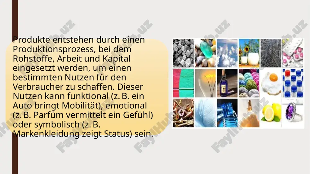 iese beeinflussen die wahrnehmung des kunden: markenimage und ruf emotionaler wert (z. b. sicherheit, freude, prestige) nachhaltigkeit und umweltverträglichkeit soziale eigenschaften: produkte können auch soziale signale senden, z. b.: statussymbol mode- oder trendcharakter einfluss auf das verhalten in der gesellschaft fazit: die eigenschaften eines produkts sind entscheidend für seinen markterfolg. unternehmen analysieren diese merkmale sorgfältig, um ihre produkte zielgruppengerecht zu entwickeln, zu verbessern und erfolgreich zu verkaufen. eʼtiboriz uchun rahmat fan oʻqituvchisi: yusufjonovna shaxlo tayyorladi: qoʻshatov samandar image1.jpeg image2.jpeg image3.jpeg image4.jpeg image5.jpeg image6.jpeg /docprops/thumbnail.jpeg