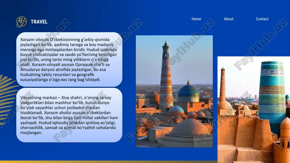i qayta ta’mirlanishi natijasida mehmonxona sohasidagi qulayliklar sezilarli darajada yaxshilandi. misol uchun, 2022-yilda ochilgan “khiva palace hotel” va “amulet khiva” mehmonxonalari xalqaro sayyohlar orasida katta talabga ega. travel xorazm turistik korxonalari o‘z faoliyatini kengaytirish va xizmat sifatini oshirish maqsadida zamonaviy texnologiyalarni joriy qilishga harakat qilmoqda. ko‘plab agentliklar onlayn bron qilish tizimlarini yo‘lga qo‘ygan, mobil ilovalar ishlab chiqilmoqda, shuningdek, marketing va reklama kampaniyalari kengaytirilmoqda. hududda turizm sohasida ish bilan band bo‘lgan xodimlarning malakasini oshirish uchun mahalliy kasb-hunar maktablari va o‘quv markazlarida maxsus kurslar tashkil etilmoqda. bu esa xizmat sifatining yaxshilanishiga, sayyohlarning mamnuniyatiga ijobiy ta’sir ko‘rsatmoqda. shuningdek, viloyat hokimligi va turizmni rivojlantirish davlat qo‘mitasi tomonidan 2021–2024 yillarda turizm infratuzilmasini yaxshilash bo‘yicha ko‘plab loyihalar amalga oshirildi. masalan, yo‘llarni rekonstruksiya qilish, sayyohlik markazlari qurish, axborot xizmatlarini kengaytirish kabi ishlarga katta e’tibor qaratildi. travel home about contact turistik korxonalar faoliyatining yahmdagi o‘rni turizm sohasidagi korxonalarning iqtisodiyotdagi o‘rni xorazm viloyatining yalpi aholiy iqtisodiy mahsulotidagi (yahm) ulushi …