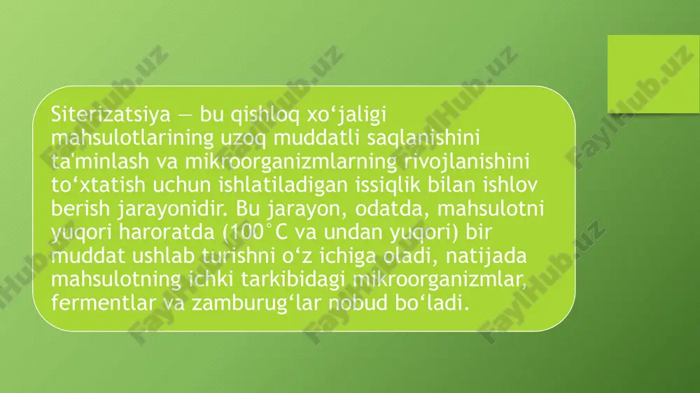 roratda issiqlik ta'siri ko‘rsatiladi (100°c dan yuqori). mahsulotdan havo chiqarilib, maxsus bosim ostida ushlab turiladi. maxsus ventilyatsiya orqali jarayon tugatiladi. bu usulda, mahsulotlar o‘rtacha 110-125°c haroratda saqlanadi, shuning uchun sterilizatsiya darajasi yuqori bo‘ladi. avtoklavlar odatda konservalangan sabzavotlar, mevalar, go‘sht va baliq mahsulotlarini tayyorlashda qo‘llaniladi. kontinual va diskret siterizatsiya usullari siterizatsiya jarayoni ikki asosiy turga bo‘linadi: kontinual va diskret. kontinual siterizatsiya: bu usulda mahsulot doimiy ravishda issiqlik manbai orqali o‘tkaziladi. mahsulot bir necha bosqichlardan o‘tadi, ularning har biri o‘zining maxsus harorat va vaqt rejimiga ega. bu usulda mahsulotlar jarayonni uzluksiz ravishda o‘tadi. kontinual usul asosan konservalangan suyuqliklar (sharbatsimon mahsulotlar) va oziq-ovqatlar uchun ishlatiladi. diskret siterizatsiya: bu usulda mahsulotlar alohida idishlarga joylashtiriladi va har bir idishga alohida issiqlik beriladi. mahsulotlar idishlar orqali issiqlik manbalariga o‘tkaziladi, har bir idish alohida ishlov beriladi. diskret usul ko‘proq qattiq mahsulotlar, masalan, konservalangan mevalar yoki sabzavotlar uchun ishlatiladi. siterizatsiya jarayonini amalga oshirish uchun maxsus qurilmalar va uskunalar …