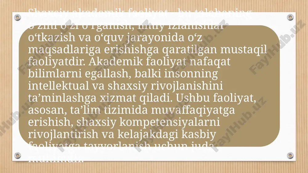 r ilmiy maqolalar, kitoblar va boshqa resurslar yordamida o‘z tadqiqotlarini chuqurroq o‘rganishlari mumkin. onlayn kurslar va darsliklar: akademik faoliyatni yanada samarali tashkil qilish uchun onlayn darsliklar, video darslar, va kurslardan foydalanish muhimdir. bu resurslar talabaga yangi mavzularni o‘rganishga yordam beradi, shu bilan birga, bilimlarini kengaytirishga imkon yaratadi. ilmiy rahbarlar: ilmiy rahbarlar, professorlar va o‘qituvchilar, talabalar uchun foydali maslahatlar va yo‘riqnomalar beradi. ular talabaning ilmiy faoliyatini muvofiqlashtirish, yo‘nalish berish va ilmiy izlanishlarga rahbarlik qilishadi. shaxsiy akademik faoliyatni tashkil etishda talabaning o‘z-o‘zini baholash va olingan natijalarni tahlil qilish imkoniyatlari juda muhim. talaba o‘zining erishgan yutuqlarini, qiyinchiliklarni va imkoniyatlarni tahlil qilib, kelajakdagi ishlarini yaxshilashga harakat qiladi. o‘z-o‘zini baholash: o‘z faoliyatini baholash talabaning o‘z maqsadlariga qanchalik erishganini aniqlashga yordam beradi. bu o‘z-o‘zini rivojlantirish uchun zarurdir. natijalarni tahlil qilish: olingan ilmiy natijalar, yozilgan maqolalar yoki taqdimotlar tahlil qilinadi, bu esa ilmiy faoliyatni takomillashtirishga imkon beradi. shaxsiy akademik faoliyatni samarali boshqarish talabaning muvaffaqiyatiga bevosita ta’sir qiladi. …
