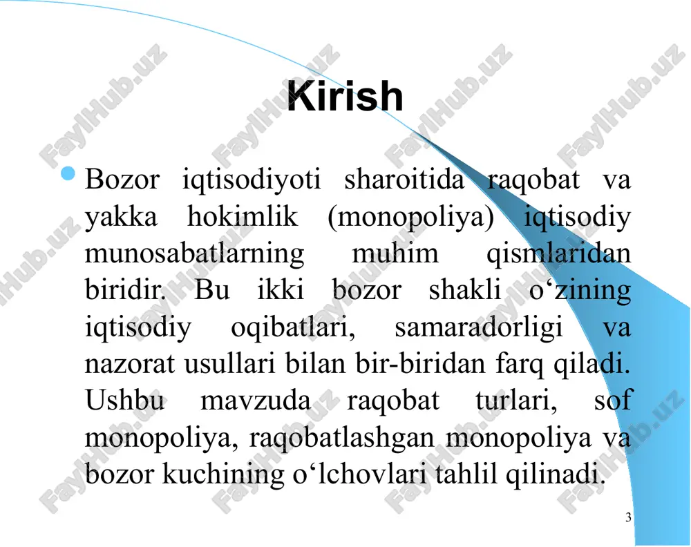 uning chekli va umumiy daromadi. daromad r talab chizigʻi q mahsulot miqdori q* 0 max tr q* firma daromadi r b a c q monopolist ham raqobatlashgan bozordagi firma kabi chekli harajat bilan chekli daromadni tengligini ta'minlaydigan hajmda mahsulot ishlab chiqarsagina maksimal foyda olishi mumkin f p p1 p* k mc pe m d=ar l mr q qe q* q1 0 e 10 endi chekli daromad bilan talab chizigʻi yotiqligi oʻrtasidagi bogʻliqlikni chekli daromad bilan narxga koʻra talab elastikligi koeffisienti oʻrtasidagi bogʻliqlikka aylantiramiz. ma'lumki, talabning narxga koʻra elastiklik koeffisienti bundan bu munosabatni chekli daromad tenglamasiga qoʻysak quyidagi ifoda hosil boʻladi: firmaning maqsadi foydani maksimallashtirish boʻlgani uchun biz chekli daromadni chekli xarajatga tenglashtirib yozamiz: ushbu formula monopol narx belgilashda «bosh barmoq» qoidasi nomi bilan yuritiladi (esdan chiqarmaslik kerak , demak ifodaning oʻng tomoni har doim musbat). tenglamaning chap tomonidagi ifoda narxning chekli xarajatdan qanchalik yuqori ekanligini, narxga nisbatan foiz hisobida koʻrsatadi …