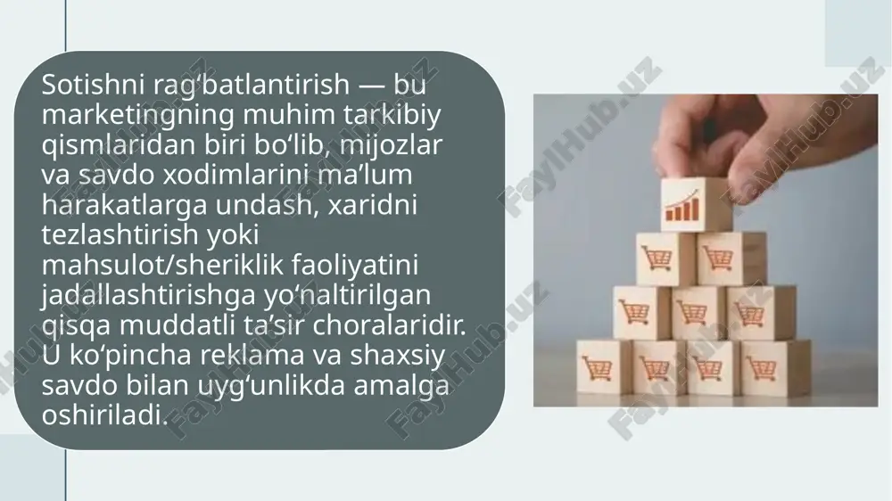 keting faoliyati jadal rivojlanmoqda. ayniqsa, kichik va o‘rta biznes subyektlari o‘z mahsulotlarini raqobatchilar orasida ajratib ko‘rsatish uchun sotishni rag‘batlantirish usullaridan faol foydalanmoqda. bu usullar marketing strategiyasining ajralmas qismiga aylangan va real natijalar bermoqda. 11 yirik va kichik biznes misolida rag‘batlantirish: yirik kompaniyalar (artel, uzum market, korzinka): – chegirmalar, aksiyalar, haridorlar uchun ball to‘plash tizimi kabi klassik usullarni samarali qo‘llaydi. – masalan, “artel” kompaniyasi ma’lum bayramlarda mahsulotlarga foizli chegirmalar, sovg‘a bilan savdo, yoki kichik biznes (onlayn do‘konlar, tumanlardagi chakana savdolar): – telegram va instagram orqali chegirma kodlari, “bir kunda bepul yetkazib berish” yoki “10-xaridda sovg‘a” kabi takliflar bilan mijozlar jalb qilinmoqda. – masalan, mahalliy kosmetika do‘konlari “mijoz sodiqlik kartasi” orqali har 5-xarid uchun bonus mahsulot beradi. 12 internet va ijtimoiy tarmoqlarda sotishni rag‘batlantirish: bugungi kunda o‘zbekistonda internet foydalanuvchilari soni ortib borayotgani sababli onlayn marketing va sotishni rag‘batlantirish vositalari tez sur’atda rivojlanmoqda: influencer marketing: mashhur blogerlar mahsulotni targ‘ib qiladi va maxsus chegirma …
