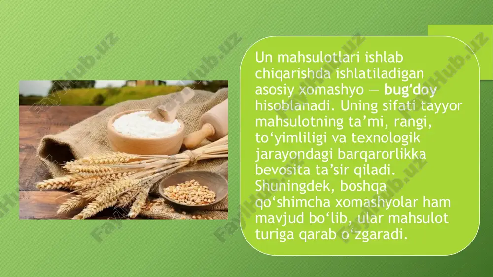 karon uchun — press uskunalari yordamida turli qiyofa: spiral, quvur, yulduzcha shakllar olinadi; pechenye, keks va bulochka uchun — qoliplar yoki presslash uskunalari orqali shakllantiriladi. shakl berish bosqichida mahsulot hajmi, og‘irligi va tashqi ko‘rinishi belgilangan standartlarga mos bo‘lishi zarur. pishirish bu bosqich tayyor mahsulotni issiqlik bilan ishlov berish jarayonidir. pishirish quyidagi maqsadlarni ko‘zlaydi: xamir tarkibidagi fermentatsiyani to‘xtatish; mahsulotga barqaror shakl va mustahkamlik berish; ta’m, hidi va rangi hosil qilish; mikroorganizmlarni yo‘qotish orqali mahsulotni sog‘lom holga keltirish. pishirish harorati odatda mahsulot turiga qarab 180°c dan 260°c gacha bo‘ladi. pishirish vaqti ham mahsulot turiga, xajmiga va xamirning namlik darajasiga qarab farqlanadi. pishirilgan mahsulotlar sovutiladi va keyinchalik qadoqlashga tayyorlanadi. sifat nazorati sifat nazorati mahsulotning ishlab chiqarish jarayonining barcha bosqichlarida amalga oshiriladi. un mahsulotlarini ishlab chiqarish jarayonida nazorat qilish kerak bo‘lgan asosiy jihatlar: xomashyo sifatini tekshirish: un zavodiga keladigan bug‘doy, suv, tuz, xamirturush va boshqa qo‘shimchalar sifatli va sanitariya talablarga mos bo‘lishi kerak. buning …