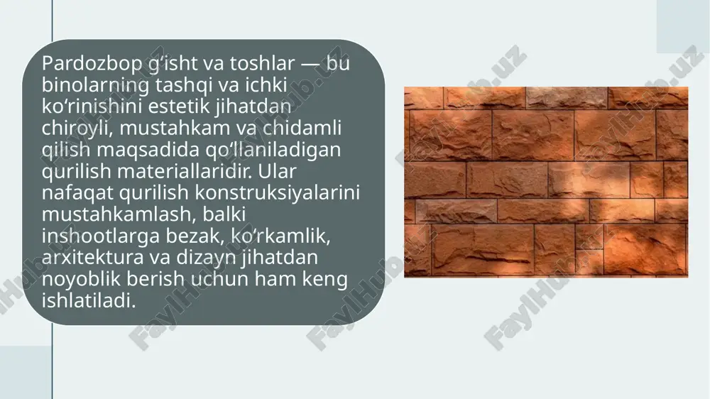 gmentlar bilan birga gomogen massa hosil qilish. c) shakl berish va qoliplash maxsus qoliplarda xomashyo shaklga keltiriladi (g‘ishtlar, plitkalar va toshlar uchun). avtomatlashtirilgan presslar yordamida siqiladi. 11 d) pishirish yoki mustahkamlash keramika va glina asosli mahsulotlar 900–1200 °c haroratda pishiriladi. beton yoki tsement asosli mahsulotlar esa havo yoki bug‘ yordamida mustahkamlanadi. e) yuzani ishlov berish silliqlash, yaltiratish, bo‘yash yoki maxsus qoplama bilan himoya qilish ishlari amalga oshiriladi. f) tayyor mahsulotni nazorat va qadoqlash har bir mahsulot o‘lcham, ko‘rinish va chidamlilik bo‘yicha sinovdan o‘tkaziladi. qadoqlanib, saqlash yoki jo‘natishga tayyorlanadi. e’tiboringiz uchun rahmat 12 image1.jpeg image2.jpeg image3.jpeg /docprops/thumbnail.jpeg