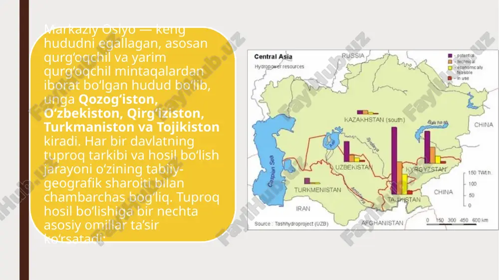 ari bilan farqlanadi. ushbu xususiyatlar bevosita hosildorlik darajasiga va qishloq xo‘jaligi mahsulotlarini yetishtirish samaradorligiga ta’sir ko‘rsatadi. unumdor tuproqlar va ularning foydasi qora tuproqlar (chernozem) — qozog‘iston shimolida keng tarqalgan, organik moddalar (gumus) ga boy, namlikni yaxshi ushlab turadi, shuning uchun bug‘doy, arpa, kartoshka va kungaboqar kabi ekinlar yetishtirishda juda samarali hisoblanadi. alluvial tuproqlar — o‘zbekiston va tojikistondagi daryo vodiylarida uchraydi. unumdorligi yuqori, suvga to‘yinuvchan. bu yerlar paxta, sabzavot, mevali daraxtlar uchun juda qulay. o‘rtacha unumdorlikdagi tuproqlar bo‘z tuproqlar — markaziy osiyoda eng ko‘p uchraydigan tuproq turi. o‘zida o‘rta darajadagi gumus saqlaydi. sug‘orish orqali yaxshi hosil olish mumkin. asosan bug‘doy, paxta, poliz ekinlari yetishtiriladi. tog‘-o‘tloqi tuproqlar — qirg‘iziston va tojikistonning tog‘li hududlarida mavjud. chorvachilikka, ayniqsa yaylov sifatida, mos. qisman bog‘dorchilik ham olib boriladi. unumdorligi past tuproqlar va muammolar sho‘r va sho‘rxok tuproqlar — o‘zbekiston, turkmaniston va qozog‘istonning cho‘l zonalarida ko‘p uchraydi. yuqori tuz miqdori tufayli o‘simliklar normal o‘smasligi mumkin. hosildorlik past …