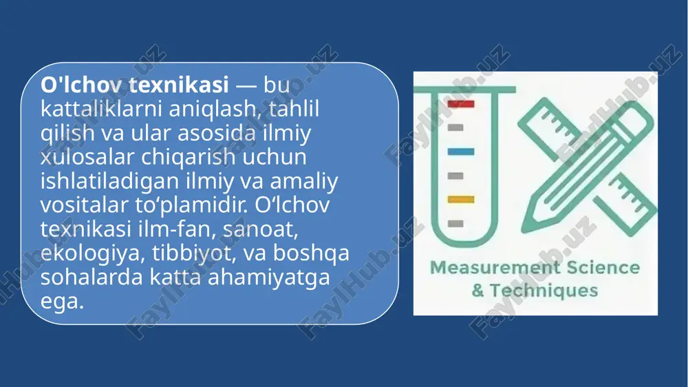 ishsiz qoladigan kattaliklardir, masalan, planck doimiysi, suvning zichligi va boshqalar. ular ilmiy tadqiqotlarda nazorat va modellarni yaratishda ishlatiladi. o‘lchanadigan kattaliklar o‘lchanadigan kattaliklar — bu vaqt, uzunlik, massa kabi o‘lchovlar bo‘lib, ular tadqiqot davomida o‘zgaradi. o‘lchanadigan kattaliklar aniqlikni oshirish uchun qayta o‘lchanadi va statistik tahlil qilinadi. o‘zgaruvchilar va o‘zgarmaslar o‘rtasidagi farq o‘zgarmas kattaliklar doimiy bo‘lib, ilmiy tadqiqotlar uchun standart hisoblanadi. o‘lchanadigan kattaliklar o‘zgaradi va ularning o‘lchovlarini aniqlashda xatoliklarni kamaytirish kerak. e’tiboringiz uchun rahmat image2.jpeg image3.jpeg image4.jpeg /docprops/thumbnail.jpeg