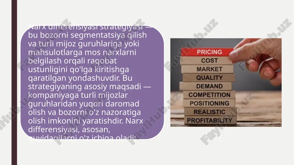 os narxni taklif qiladi. misol: masalan, ta'lim xizmatlari, aviachiptalar yoki texnologik mahsulotlar uchun narxlar yoshlar, o'qituvchilar, talabalar yoki pensiyaga chiqqan kishilar uchun arzonroq bo'lishi mumkin, chunki ularning to'lov qobiliyati boshqalarga qaraganda pastroq. afzalliklari: bu usul, mijozlarning ehtiyojlarini chuqurroq tushunish va ularning turli guruhlarini o'ziga jalb qilish imkonini beradi. shu bilan birga, kompaniya har bir segmentga maxsus takliflar yaratib, bozorni kengaytirishi mumkin. vaqt differensiyasi tavsif: vaqt differensiyasi, narxlarni turli vaqt davrlarida farqlashni anglatadi. bu usulda kompaniya ma'lum vaqtlar (masalan, pik soatlar, mavsumiy savdo davri, yoki chiziqli vaqtlar) uchun yuqori narxlar belgilaydi, boshqa vaqtlarda esa narxlar arzonroq bo'lishi mumkin. misol: aviakompaniyalar yoki mehmonxona xizmatlari mavsumiy narxlarni qo'llaydi. yozda yoki ta'til davrida xizmatlar yuqori narxlarda sotilishi mumkin, lekin boshqa davrda narxlar pastroq bo'lishi mumkin. afzalliklari: kompaniya talabning yuqori bo'lgan davrlarida yuqori narxlar qo'llash orqali foydani maksimal darajaga chiqarishi mumkin. shuningdek, past talab bo'lgan davrda narxlarni pasaytirish orqali sotuvlarni oshirishi mumkin. mahsulot turini differensiyatsiya …