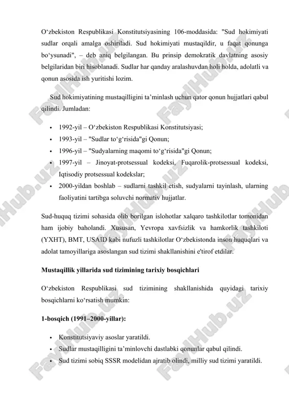 iy sud va oliy xo‘jalik sudining birlashtirilishi orqali yagona oliy sud organi tashkil qilindi. 4-bosqich (2021-yildan hozirgacha): · sud ishlarini raqamlashtirish jarayoni jadal rivojlandi. · sud qarorlarining ochiqligi va shaffofligini ta'minlashga qaratilgan choralar ko‘rildi. · sudyalar korpusi yangilandi, yosh, bilimli mutaxassislar tizimga jalb qilindi. sud hokimiyatining davlat hokimiyati tizimidagi o‘rni davlat hokimiyati tizimi uchta mustaqil tarmoqdan – qonun chiqaruvchi, ijro etuvchi va sud hokimiyatidan iborat. ularning har biri o‘z funksiyasini bajaradi. sud hokimiyati esa mazkur tizimda hal qiluvchi ahamiyatga ega bo‘lib, qonun ustuvorligini ta’minlaydi. sud hokimiyatining asosiy funksiyalari: · konstitutsiyaviy normalarning ustuvorligini ta’minlash; · fuqarolarning huquq va erkinliklarini himoya qilish; · sud orqali nizolarni hal qilish; · jinoyat va ma’muriy ishlar bo‘yicha adolatli hukm chiqarish. sudlar qonuniylik, adolat, xolislik va ochiqlik prinsiplariga asoslangan holda faoliyat yuritadi. shu ma’noda, mustaqil o‘zbekistonning sud tizimi mamlakatda huquqiy davlat asoslarini mustahkamlash, fuqarolarning huquqlarini kafolatlash, adolatni qaror toptirish yo‘lida muhim o‘rin tutadi. mustaqillik yillarida o‘zbekiston …