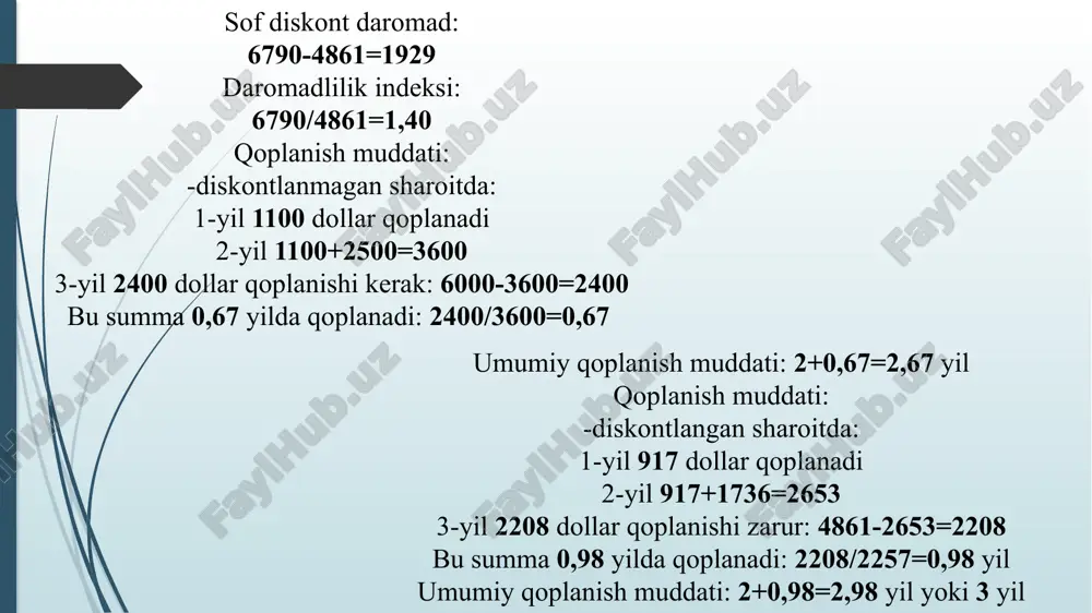 sof diskont daromadi, daromadlilik indeksi va kapital qo‘yilmalarning qoplanish muddati - Page 3