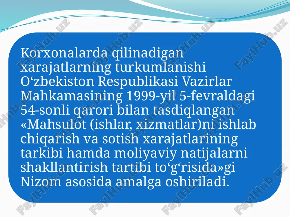 jatlar nazarda tutiladi. uni aniqlash uchun xarajatlarning umumiy summasi shu xarajatlar yordamida ishlab chiqarilgan mahsulot miqdoriga taqsimlanadi. korxonalarda tannarx quyidagi formula yordamida aniqlanadi: bunda: t – mahsulot, ish yoki xizmatning tannarxi; x – qilingan xarajatlarning summasi; ym – yalpi yetishtirilgan mahsulot, jami bajarilgan ish, ko‘rsatilgan xizmatlar miqdori. korxonalarda mahsulotlar tannarxining quyidagi turlari aniqlanadi: - reja tannarxi; - ishlab chiqarish tannarxi; - to‘liq tannarxi. reja tannarxi korxonalarda tuziladigan turli rejalarda aks ettiriladi. bunda, odatda korxonada amalga oshirilishi rejalashtirilayotgan xarajatlar summasi ishlab chiqarilishi rejalashtirilayotgan mahsulot miqdoriga bo’linadi. korxonalarda xarajatlarni oqilona, maqsadga muvofiq sarflashga harakat qilish, ya’ni moddiy, pul va mehnat xarajatlarini tejash, shu orqali yetishtiriladigan mahsulotlarning, bajariladigan ish va xizmatlarning tannarxlarini pasaytirishga erishish lozim. buning uchun: 1) korxonada mavjud bo‘lgan barcha ishlab chiqarish vositalaridan yil davomida tadbirkorlik bilan oqilona, samarali foydalanish; 2) xarajatlarni tejaydigan yangi texnika, samarali texnologiyalarni joriy etish natijasida ishlab chiqarish jarayonlarining yuqori darajada mexanizatsiyalashganlik, avtomatlashganlik darajasini oshirib, mehnat unumdorligini …