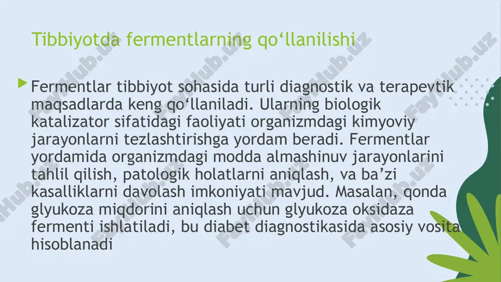 qo'llanadi. ushbu ingibitorlar metabolik jarayonlarni tartibga solish orqali kasallikni sekinlashtiradi yoki to'xtatadi​ kompleks ferment-antigen-antikor hosil bo'lishiga asoslangan immuno usullari immuno usullari antigen va antikor orasidagi maxsus reaksiyaga asoslangan bo'lib, u fermentlarning yordamida kuzatiladi. elisa (ferment bog‘langan immunosorbent tahlil) usuli bu texnologiyaning eng keng tarqalgan ko‘rinishidir. u organizmdagi virus yoki bakteriyalarni aniqlashda ishlatiladi. masalan, covid-19 diagnostikasida bu usulning samaradorligi isbotlangan​ ferment-antigen-antikor komplekslari maxsus belgi sifatida ishlatiladi. bu usul biologik suyuqliklarda kasallik belgilarini aniqlashni osonlashtiradi. antikorlar fermentlarga bog‘lanib, hujayra yuzasidagi o‘ziga xos molekulalarni tanib, rang o‘zgarishlarini keltirib chiqarad amilazani ta’sir qilish mexanizmi proteazani ta’sir qilish mexanizmi lipazani ta’sir qilish mexanizmi xulosa fermentlar tibbiyotda diagnostika va davolashning ajralmas qismi hisoblanadi. diagnostikada ular metabolik jarayonlarni aniqlashda, terapiyada esa kasalliklarni davolashda qo‘llaniladi. xazm qilish fermentlari ovqatni parchalash va oziq moddalarning so‘rilishini yaxshilashga yordam beradi. immobilizatsiya qilingan fermentlar esa yuqori samaradorligi va barqarorligi bilan dorilarni ishlab chiqarish hamda diagnostik biosensorlarda qo‘llaniladi. bu ularning tibbiy amaliyotdagi ahamiyatini …