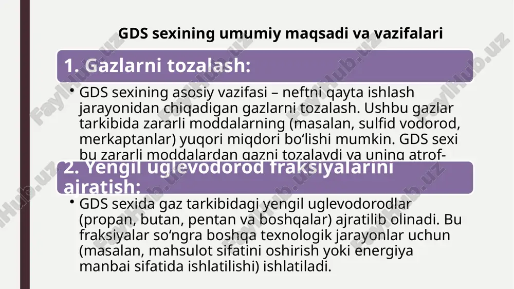 sexlaridan keladigan gaz aralashmalarini qabul qiladi. bu gaz aralashmalari tarkibida ko‘plab yengil uglevodorodlar bilan birga zararli gazlar ham bo‘ladi. gds sexida maxsus tozalovchi reagentlar (masalan, monoetanolamin – mea) orqali zararli gazlar yutiladi. tozalangan va fraksiyalangan gazlar keyingi qayta ishlash jarayonlariga yo‘naltiriladi (masalan, propan-butan aralashmasi ballonga, yengil benzinlar esa oktan sonini oshirish sexiga). foydalanilgan adabiyotlar ro'yxati shamsiev, a., & kurbanov, n. (2020). neftni qayta ishlash texnologiyalari. toshkent: o‘zbekistan milliy universiteti nashriyoti. murodov, a., & tursunov, s. (2018). neft va gazni qayta ishlash texnologiyalari: asoslar va zamonaviy yondashuvlar. farg‘ona: farg‘ona neftni qayta ishlash zavodi. gafurov, b. (2019). neftni qayta ishlashda gazlarni tozalash texnologiyalari va jarayonlari. tashkent: texnologiya nashriyoti. neft va gazni qayta ishlash tizimlari (2022). o‘zbekiston neft va gaz sanoati: rivojlanish va istiqbollar. tashkent: neft va gaz akademiyasi. fayzullayev, u. (2021). gazlarni tozalash va ajratish uskunalari: nazariy asoslar va amaliy jihatlar. tashkent: innotech nashriyoti. image1.jpeg image2.jpeg /docprops/thumbnail.jpeg