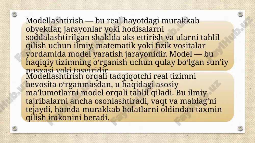 izmat qiladi. - bu orqali tadqiqotchi real tizimni chuqurroq anglaydi. prognozlash (oldindan aytish) - modellar yordamida turli sharoitlarda tizim qanday harakat qilishini bashorat qilish mumkin. - masalan, iqtisodiy o‘sish modelida soliq siyosati o‘zgarishi natijasida qanday ta’sir bo‘lishi oldindan baholanadi. nazorat qilish va boshqarish qarorlarini qabul qilish - model orqali real tizimda qanday qarorlar samarali bo‘lishi aniqlanadi. - masalan, ishlab chiqarishda resurs taqsimoti model orqali baholanadi. eksperiment o‘tkazish imkoniyati - model orqali real obyektga zarar yetkazmasdan turli tajribalar o‘tkazish mumkin. - bu xavfsizlik, tejamkorlik va moslashuvchanlikni ta’minlaydi. modellashtirishga qo‘yiladigan talablar: aniqlik (to‘g‘rilik) - model real tizimni iloji boricha aniq va to‘g‘ri aks ettirishi kerak. - har bir parametr va bog‘liqlik ilmiy asoslangan bo‘lishi shart. moslik (reallikka yaqinlik) - model real hayotdagi obyektning asosiy xususiyatlarini o‘zida mujassam etishi lozim. - juda soddalashtirilgan model noto‘g‘ri xulosalarga olib keladi. soddalik va tushunarlilik - model ortiqcha murakkabliksiz, oddiy va tushunarli bo‘lishi kerak. - uni foydalanuvchi …