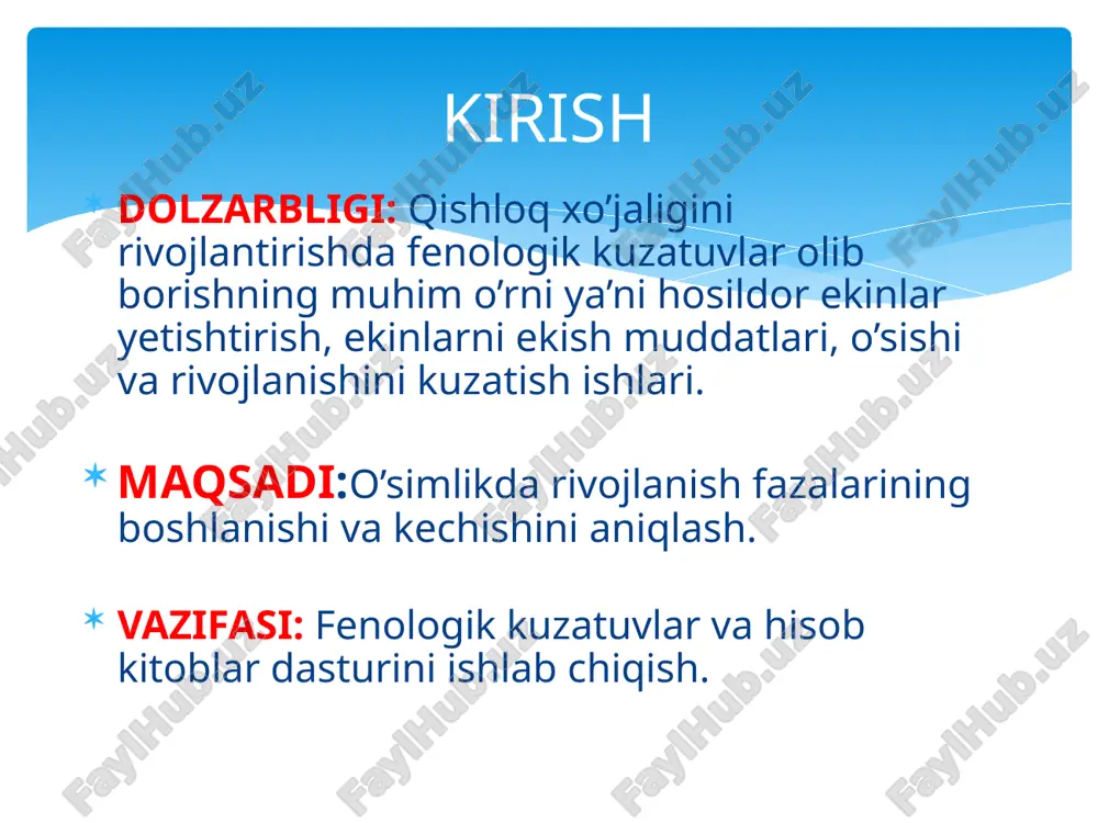 k tajribalarda kuzatishlar 95-100 % o’simlik gullaguncha davom ettiriladi. har bir gulning gullashi bir kun davom etadi. gulbargning rangi asta-sekin o'zgarib boradi, ko'pincha gul rangi ochilish arafasida sariq yoki oqsariq, kunning oxirida pushti, och qizil va qizil, ayrim vaqtlarda binafsha tusli rang bilan ajralib turadi. yalpi gullashdan to birinchi ko'sak ochilguncha fenologik kuzatish o 'n kunlikda 2 marta, so 'n g har 2 kunda bajariladi. yalpi pishish fazasi kuzatilgandan keyin yana har o 'n kunda 2 marta kuzatiladi. ko‘saklar ochilishini kuzatish. k o 'sak ochilishi uning uchki qismidagi chokidan boshlanadi va chanoqda 1 sm kenglikda joy ochilganda, paxta ko'rinib turganda k o ‘sakni birinchi ochilish fazasini boshlanishi deb qayd qili­nadi. dasturi asosida 3-4 marta o'tkaziladi. bunda tajribaning hususiyatidan kelib chiqiladi. dastlabki kuzatish o'simliklarning 10-15 % ida ko'sak ochilganda boshlanadi. bu tadbir har 3-5 kunda o'tkazilib, o'simlkilarning 50-75 yoki 100 % ida ko'saklar ochilguncha davom ettiriladi. tolasi chanoqdan chiqib turgan ko'sak …