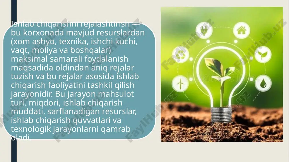 sh; texnologik yo‘qotishlarni minimallashtirish; zaxiralarni optimallashtirish, ortiqcha mahsulot yoki material to‘planishining oldini olish. masalan, suv tejovchi nasoslar yoki avtomatik yopiladigan kranlar orqali korxona yillik suv sarfini sezilarli kamaytirishi mumkin. resurs tejashning eng muhim yo‘nalishlaridan biri — chiqindisiz yoki kam chiqindili ishlab chiqarishdir. bu jarayon quyidagilarni o‘z ichiga oladi: qolgan yoki ortiqcha xom ashyoni qayta ishlash va ikkilamchi mahsulotlar yaratish; ishlab chiqarish chiqindilarini boshqa ishlab chiqarish jarayonida xom ashyo sifatida foydalanish; ekologik toza va ekologik xavfsiz texnologiyalarni joriy qilish. misol uchun, metall ishlab chiqarishda chiqib qolgan qirindilarni eritib, qayta mahsulot qilish yoki tekstil sanoatida kesilgan mato bo‘laklarini yangi mahsulotlarga aylantirish orqali resurslar tejaladi. resurslarni tejash nafaqat iqtisodiy jihatdan foydali, balki ekologik muvozanatni saqlashda ham muhim rol o‘ynaydi. bu orqali: ishlab chiqarish tannarxi pasayadi; atrof-muhitga salbiy ta’sir kamayadi; barqaror rivojlanishga erishiladi; korxonaning ekologik imiji yaxshilanadi. resurslarni tejashga asoslangan strategiyalar uzoq muddatda barqaror raqobatbardoshlikni ta’minlaydi, eksport salohiyatini oshiradi va xalqaro talablar darajasida faoliyat …