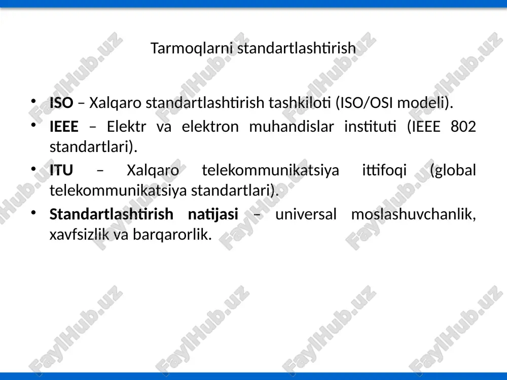 n va taqsimlangan yondashuv uyg‘unligi peer-to-peer (p2p) – barcha tugunlar teng huquqli. gibrid arxitektura – ikki yondashuvni birlashtiradi. sdn (software defined networking) – dasturiy boshqaruvga asoslangan arxitektura tarmoq topologiyalari yulduz (star) halqa (ring) shina (bus) to‘liq bog‘langan (mesh) daraxt (tree) tarmoq topologiyalari tarmoq topologiyalarining afzallik va kamchiliklari topologiya afzalliklari kamchiliklari yulduz (star) oson boshqariladi; muammo bitta tugunda lokalizatsiya qilinadi. markaziy tugun ishdan chiqsa butun tarmoq to‘xtaydi. shina (bus) kam kabellar talab etiladi; oddiy o‘rnatish. bitta kabel ishdan chiqsa butun tarmoq ishlamaydi; past samaradorlik. halqa (ring) ma’lumot tartibli uzatiladi; boshqaruv oddiy. bitta tugun nosozligi butun tarmoqni ishdan chiqaradi. mesh eng ishonchli; ortiqcha yo‘llar mavjud. juda ko‘p kabel va resurs talab etadi; qimmat. daraxt (tree) ierarxik tuzilma; kengayuvchan. markaziy magistral nosozligi katta muammolarga olib keladi. xulosa standartlashtirish – turli qurilmalar o‘zaro ishlashi uchun asos. osi modeli – tarmoq ishlashini qatlamlarga bo‘lib tushuntiradi. tarmoqlar qamrovi va vazifasiga qarab turlicha tasniflanadi. qos xizmat sifatini …