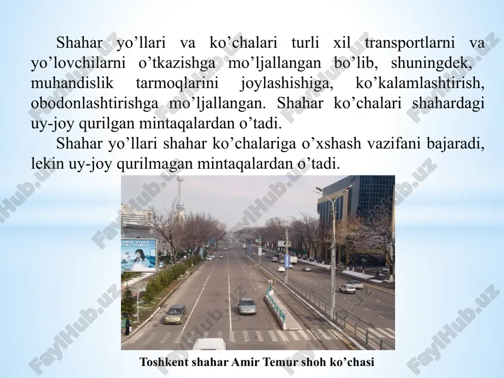 s transportning o‘tishi. dahalardagi tor ko‘chalar transport vositalarining turar joy binolari va qurilish ob’ektlariga borishi. yengil, maxsus va xizmat ko‘rsatuvchi yuk transportining o‘tishi. har bir yo‘l toifasi o‘zining hisobiy tezlik qiymatiga ega (1.2-jadval). hisobiy tezlik qiymatiga qarab, avtomobil yo‘llarining reja va bo‘ylama kesim elementlarini hisoblash uchun asosiy parametrlar qabul qilinadi. ko‘chalar toifasi harakat- ning hisob tezligi km/s harakat yo‘lagining eni, m harakat yo‘lagining soni qizil chiziqlardagi eng katta eni, m trotuarning eng katta eni, m rejadagi egrilikning eng kichik radiusi, m bo‘ylama eng katta nishablik, % vertikal egrilarning eng kichik radiuslari, m qavariq botiq i. umumshahar ahamiyatidagi magistral ko‘chalar: 100 3,75 6-8 - 4,5 500 50 6000 1500 to‘xtovsiz harakat tartibga solinuvchi harakat 80 3,75 4-8 60 4,5 400 50 6000 1500 ii. tuman ahamiyatidagi magistral ko‘chalar 60 3,75 3-4 45 3,0 250 60 4000 1000 iii. mahalliy ahamiyatga ega ko‘chalar: 40 3,5 2-3 25 2,25 125 80 500 250 …