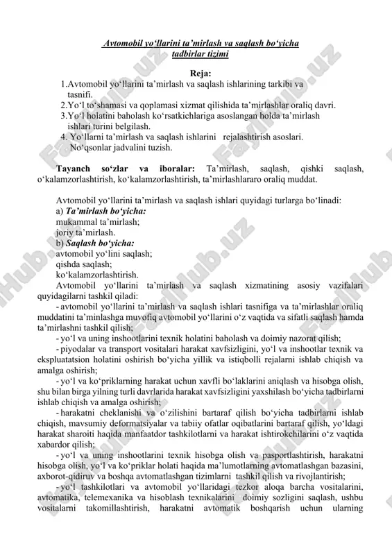 suvning muzlashi evaziga byo‘lishi mumkin. qish davrida yog‘ingarchiliklar byo‘lmaganda ham muz qatlami yuzaga keladi, bu nisbiy havo nisbiy namligi bilan bog‘liq. agar havo nisbiy namligi 85% dan yuqori byo‘lsa va shu onda havo harorati noldan past byo‘lsa, u holda qoplama ustki yuzasida erkin suv qatlami yuzaga keladi va bu suv muzlaydi. natijada yaxmalak yuzaga keladi. qishgi davr saqlash ishlarini tashkil qilish uchun avtomobil yo‘lining qishgi saqlash ishlari texnologik xaritasi tuzib olinadi. yo‘lni qordan ximoyalash maqsadida qor bosishi mumkin xududlarda yo‘l bo‘ylab ximoyalovchi vositalar qyo‘llaniladi. bularga qor ushlovchi devorlar, to‘siqlar, panjarlar, qor ushlab qoluvchi daraxtlar misol byo‘ladi. bundan tashqari qordan himoyalovchi inshootlar (t/b karkaslar, mustahkam polietilenli plyonka, galereyalar va boshqalar misol byo‘ladi.). qor ushlab qoluvchi tusiqlarning balandligi 1,5-2,0 m gacha, agar qor ushlovchi devorlar byo‘lsa ularning balandligi 4-5 m gacha byo‘lishi mumkin. qor ushlab qoluvchi daraxtlar qor tuplanish xajmiga qarab yo‘lga nisbatan ekish uzoqligi va daraxtlar qator soni belgilanadi. avtomobil yo‘llari …
