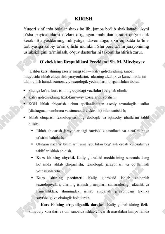 myoviy xossalari: koh kuchli asos — suvda to‘liq dissotsiatsiyalanadi: koh → k⁺ + oh⁻ kislotalar bilan neytrallashib tuz va suv hosil qiladi: koh + hcl → kcl + h2o ba’zi metallar bilan reaksiyaga kirishadi. yog‘lar bilan sovun hosil qiladi (saponifikatsiya): bu jarayon sovun ishlab chiqarishda ishlatiladi. olish usullari (qanday paydo bo‘lgan): tarixan: eski davrlarda kaliy karbonat (k2co3) yog‘och kulidan olinardi. so‘ng uni ohak bilan reaksiyalantirib koh olishgan: k2co3+ ca(oh)2 → 2koh + caco3↓ hozirgi sanoat usuli: elektroliz yo‘li bilan: kaliy xlorid (kcl) eritmasining elektrolizi orqali olinadi: 2kcl + 2h2o → 2koh + cl2+ h2 kaliy gidroksid aniq bir shaxs tomonidan "kashf qilingan" deb aytilmaydi, chunki u qadim zamonlardayoq turli ishqoriy eritmalar sifatida ishlatilgan. ammo xviii asr oxiri – xix asr boshlarida kimyoviy tahlil va tozalashorqali sof koh ajratib olingan. humphry davy 1807-yilda kaliy metallini birinchi bo‘lib elektroliz orqali ajratib olgan — bu koh ni chuqurroq o‘rganishga turtki bo‘lgan. qo‘llanilishi: 1. …