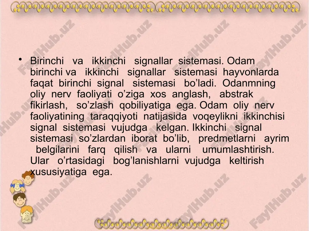 yuzaga keladigan bog’lashlar ham xuddi o’sha qonunlarga bo’ysunadi. i.p. pavlov ko’rsatib o’tganidek oliy nerv faoliyatining faqat odamga xos bo’lgan xususiyati birinchi signal sistemasi orqali tushadigan signallarni ajratib olib mulohaza qilish va ummumlashtirish qobilyati ikkinchi signal sistemasiga bog’liqdir. odamda birinchi va ikkinchi signal sistemalari o’zaro bog’langan bo’lib bir-biriga doim ta’sir ko’rsatib turadi. so’zning signal sifatidagi ahamiyati bir-biri bilan qo’shilib keladigan oddiy tovushlar bilan emas balki so’zning lug’aviy manosi bilan bog’liqdir tovushlarning qo’shilib ketishi bilan bir- biriga o’xshash so’zlar tanlab olinadigan bo’lsa u xolda unday so’zlarga signal manosi garchi boshqacha bo’lsa ham bir xil reaksiya bilan javob beraveradi. bolada ikkinchi signal sistemasining shakllanib borishi nutqning rivojlanishi bilan bevosita bog’langan. bola xayotining birinchi yilidagi so’ngi oylar va butun ikkinchi yili nutq qaror topib boradigan davri xisoblanadi. bolalarda nutqning qaror topishi prsessi shartli reflekslar hosil bo’lish qonunlarida muvofiq o’tadi. bolada yarim tovush va fonemalar xayotining dastlabki oylarida ham paydo bo’lsada lekin bular hali ikkinchi …