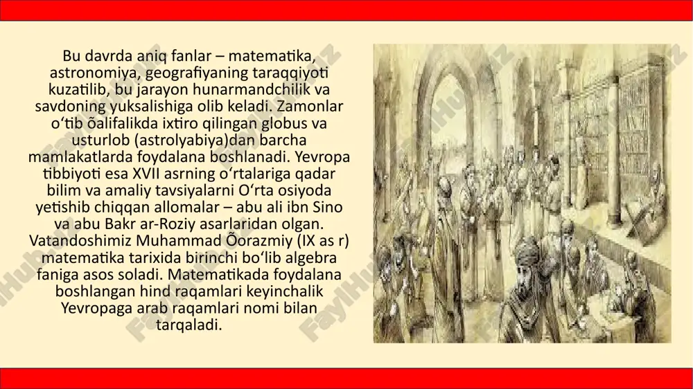 lar uchun eng muqaddas tasvir xochdagi xudo siymosi bo‘lsa, musulmonlar uni xudoning so‘zida tasvirlaganlar. so‘zni muqaddas bilganlar. musulmonlarning xattotlikdagi muvaffaqiyatlari hayratlanarli. xattotlar ko‘plab yozish usullarini ixtiro qilib, ulardan yozilayotgan matn mazmuniga qarab foydalanishgan. xattotlik san’atining yuksalishiga eron, xuroson, movarounnahr hududlarida yashagan aholi vakillarining qo‘shgan hissasi beqiyos bo‘lgan. chunki ularning barchasi qaysi tilda so‘zlashmasin, arab yozuvidan foydalanganlar. turmush tarzi. musulmonlar turmush madaniyati o‘zining nafisligi, yuksak didliligi bilan ajralib turgan. ularning ayrim jihatlari keyinchalik yevropaliklar tomonidan qabul qilingan. masalan, turli fasllarda mavsumga qarab kiyinish tartibi, bazmlarda taomlardan dastlab suyuq sho‘rvalar, so‘ng go‘shtli taomlar, undan keyin qush go‘shti va eng oxirida – shirinliklarni tortish tartibi joriy etilgan. rim va vizantiya davridan yaqin sharqda aholining hammomlarda yuvinishga havasi katta bo‘lgan. musulmonlar bu odatni o‘zlashtirib, o‘z hukmronliklarini o‘rnatgan barcha o‘lkalarga tarqatganlar. yirik shaharlarda yuzlab hammomlar qurilgan. ular marmardan ishlangan, devorlari mozaika va naqshlar bilan bezatilgan. musulmonlar tozalik va pokizalikka katta e’tibor qaratganlar. hind me’morchiligi o‘zining …