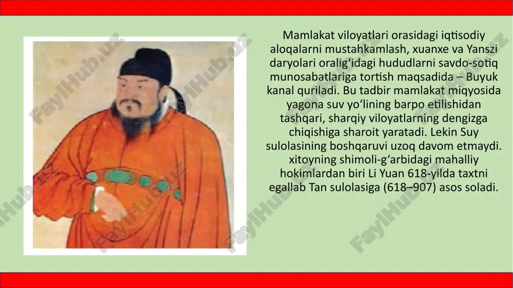 m iqtisodiy yuksalishga xizmat qilgan. zarb qilingan tangalarning o‘rtasida to‘rtburchak teshigi bo‘lib, u pulni iðga tizishga mo‘ljallangan edi. tashqi siyosat. tan sulolasi hukmronligi davrida xitoy turk xoqonligiga qarshi urushlar olib boradi. imperator qo‘shinlari 640-yilda buyuk ipak yo‘li ustida joylashgan gaochan davlatini mag‘lub etadi. shundan so‘ng uyg‘urlarga qarshi uzoq yillar davom etgan urushlar boshlanadi. g‘arbiy turk xoqonligiga qarshi 20 yildan ko‘proq davom etgan urushlar ham xitoy qo‘shinlari g‘alabasi bilan tugaydi. koreyaga qarshi 668-yilda boshlangan urush, uning poytaxti pxenyanning olinishi bilan yakunlanadi. vii–viii asrlarda xitoy faol tashqi siyosat olib borib, turk xoqonligi, arab xalifaligi, vizantiya, yaponiya va hindiston bilan savdo diðlomatik aloqalar o‘rnatadi. yangi sun sulolasi davrida (960–1279) xitoyning xalqaro aloqalari yanada kengayadi. o ‘r ta osiyo , hindiston, hindixitoy, dengiz orqali yaponiya va indoneziya bilan savdo-sotiq qilina boshlaydi. image1.jpeg image2.png image3.png image4.jpeg image5.jpeg image6.jpeg image7.jpeg /docprops/thumbnail.jpeg