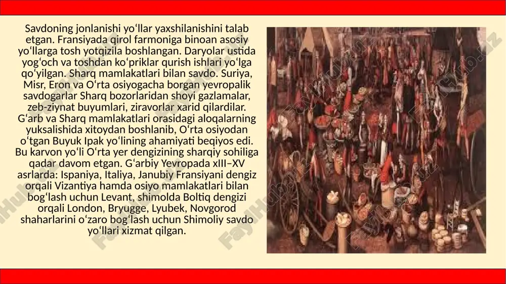 sayyor artistlar tomonidan musiqalar chalingan, qo‘shiqlar aytilgan, sahna tomoshalari ko‘rsatilgan. atrof qishloqlardan kelgan aholi uchun bu tomoshalar, mushakbozliklar yilda bir marta bo‘ladigan ko‘ngilochar tadbir hisoblangan. o‘rta asrlar yevropasining eng mashhur yarmarkasi fransiyaning shimoli-sharqidagi shampan grafligida (markazi reyms shahri) bo‘lgan. savdoning yuksalib borishi natijasida yevropada turli mamlakatlar savdogarlari to‘planib, pullarini almashtiradigan joylar – birjalar vujudga keladi. image1.jpeg image2.jpeg image3.jpeg image4.png image5.jpeg image6.jpeg image7.png image8.png /docprops/thumbnail.jpeg