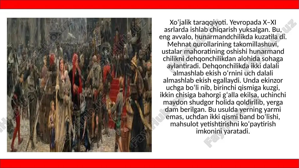 mandlar yashaganlar. shahardagi uylarning aksari qismi yog‘ochdan qurilgan. ular juda zich qurilgan bo‘lib, ko‘pincha bir-biriga tutashib ketgan. ko‘chalar tor, ayrimlari eniga ikki metrdan ham oshmagan. tunda ko‘chalar yoritilmagan, suv quvurlari va kanalizatsiya bo‘lmagan. chiqindilar ham to‘g‘ridan-to‘g‘ri ko‘chaga tashlanavergan. aholining zich joylashishi hamda tozalikning bo‘lmasligi yuqumli kasalliklarning tez-tez takrorlanib turishiga, ko‘plab kishilarning bevaqt o‘limiga olib kelgan. yong‘inlar ham sodir bo‘lib, yog‘ochdan zich qurilgan uylardan tashkil topgan ko‘chalar, mavzelar to‘lig‘icha yonib bitgan. shahar aholisi. shaharlar aholisining asosiy qismini hunarmandlar, savdogarlar tashkil qilgan. yirik shaharlarda boy zodagonlar, feodallar, amaldorlar, tabiblar, ruhoniylar ham talaygina bo‘lgan. shahar aholisining katta qismi dehqonchilik bilan shug‘ullanishda davom etgan. qal’a devori atrofida ekinzorlar, bog‘lar, poliz hamda qo‘y, qoramol, otlar o‘tlab yurgan yaylovlar joylashgan. o‘rta asr yevropa shaharlarida aholining soni 3–5 mingdan ziyod bo‘lmagan. xiv–xv asrlarda ham 20–30 ming kishi yashagan shaharlar yirik shaharlardan hisoblangan. eng yirik shaharlar: parij, konstantinopol, milan, florensiya, kordova, seviliyalarda 80–100 ming aholi yashagan. hunarmandchilik va …