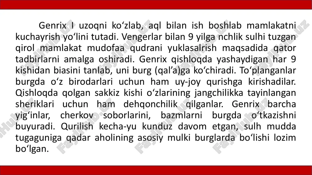 huquq va imtiyozlar beradi. natijada cherkov zodagonlari o‘z imkoniyatlari, hokimyatlari bo‘yicha gersog va graflardan kam bo‘lmagan. imperatorning o‘zi esa kerakli odamni cherkov lavozimiga tayinlagan, zarur bo‘lsa yepiskoplarni va hatto, rim papalarini hech qiyinchiliksiz almashtirgan. xususan, otton i rimda ko‘plab yepiskoplar ishtirokida o‘zi yoqtirmagan papalardan birining ustidan sud jarayonini uyushtirib, uni tahqirli holatda vazifasidan chetlatgan. uning vorisi otton iii esa o‘zining ustozi gerbertning silvestr iii (999–1003) nomi bilan rim papaligiga saylanishiga erishgan. image1.png image2.png image3.png image4.png /docprops/thumbnail.jpeg