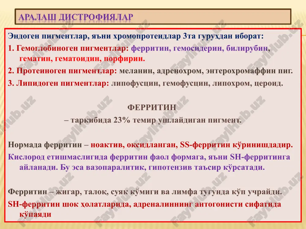 sitga kirishi. 2.gemoglobindan globinning ajralishi. 3.gemning oksidlanishi. 4.plazmodiyning ichida qora rangli pigmentning paydo bo'lishi. xlorid kislotali gematinning paydo bo'lish mexanizmi. me'da yarasi va eroziyasidan qon ketadi. gemoglobin xlorid kislotaasi ta'sirida parchalanadi. me'da yarasi yuzasida qora rangli nsili gematin paydo bo'ladi. kasal qusganda kofe quyqasiga o'xshash suyuqlik chiqadi. kasal najasi qora rangga kiradi – melena deyiladi. porfirin – almashinuvi buzilishi porfiriya deyiladi. porfirinemiya, porfirinuriya, ultrfioletli nurlarga sezuvchanlikning oshishi (nurdan qo'rqish, eritema, dermatit). sabablari: simob, sulfazol, barbituratlardan zaxarlanish, avitaminozlar, pernitsioz anemiya, jigar kasalliklari. eritrotsitlarda porfirin sintezi buzilishida – eritropoetik formasi, jigar kasalliklarida – jigar formasi rivojlanadi. proteinogen, ya'ni tirozinogen pigmentlarga quyidagilar kiradi: 1. melanin. 2. adrenoxrom. 3.enteroxromaffin hujayra pigmenti. melanin yunoncha melas – qora degan, kulrang-qora rangli pigment. teri, soch va ko'zning rangi melaninga bog'liq. melanin o'zida uglerod, azot va oltingugurt ushlaydi. melanogenezning boshqarilishi nerv va endokrin tizim orqali amalga oshiriladi. meganostimullovchi, aktg, qolqonsimon bez, jinsiy bez gormonlari ta'sirida m ko'payadi. parasimpatik …