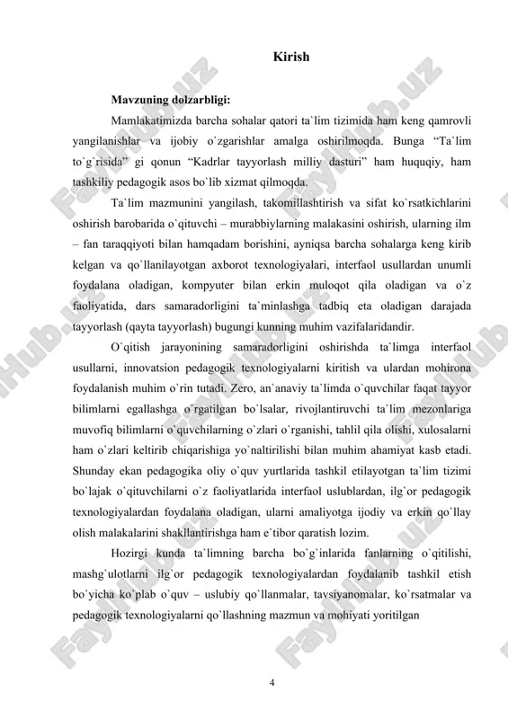 nidan nashr qilingan umumta`lim maktablari 2 – sinfi uchun darslarni pedagogik texnologiyalar asosida tashkil etish bo`yicha chiqarilgan o`quv – metodik qo`llanmadan bo`lak alohida ilmiy – uslubiy, va tadqiqot ishlari qilinmagan. bu qo`llanma ham tavsiyanoma xarakterida bo`lib, dars jarayonida qo`llash mumkin bo`lgan ayrim texnologiyalarga tavsif berish bilan cheklangan. musiqa pedagogikasi va metodikasiga oid keyingi yillarda qilingan ilmiy – tadqiqot ishlarini ko`zdan kechirish va tahlil qilish shuni ko`rsatdiki, musiqa darslarini ilg`or pedagogik texnologiyalar asosida tashkil qilish muammosi maxsus ilmiy tadqiqot mavzusi sifatida o`rganilmagan. bu esa bizning magistrlik dissertatsiyamiz mavzusini “musiqa madaniyati darslari samaradorligini oshirishda interfaol uslublardan foydalanish” nomlanishida tanlashimizga sabab bo`ldi. tanlangan mavzu muammosini aynan musiqa ta`limi bo`yicha maxsus tadqiq qilinmaganligi uning dolzarblik kasb etishini belgilaydi. tadqiqotning maqsadi: umumta`lim maktablarida “musiqa madaniyati” darslarini interfaol uslublardan foydalangan holda tashkil etishning pedagogik shart – sharoitlarini o`rganish va ilmiy – metodik tavsiyalar ishlab chiqish. tadqiqot vazifalari: · umumta`lim maktablarida musiqa madaniyati darslarini ilg`or pedagogik texnologiyalar …